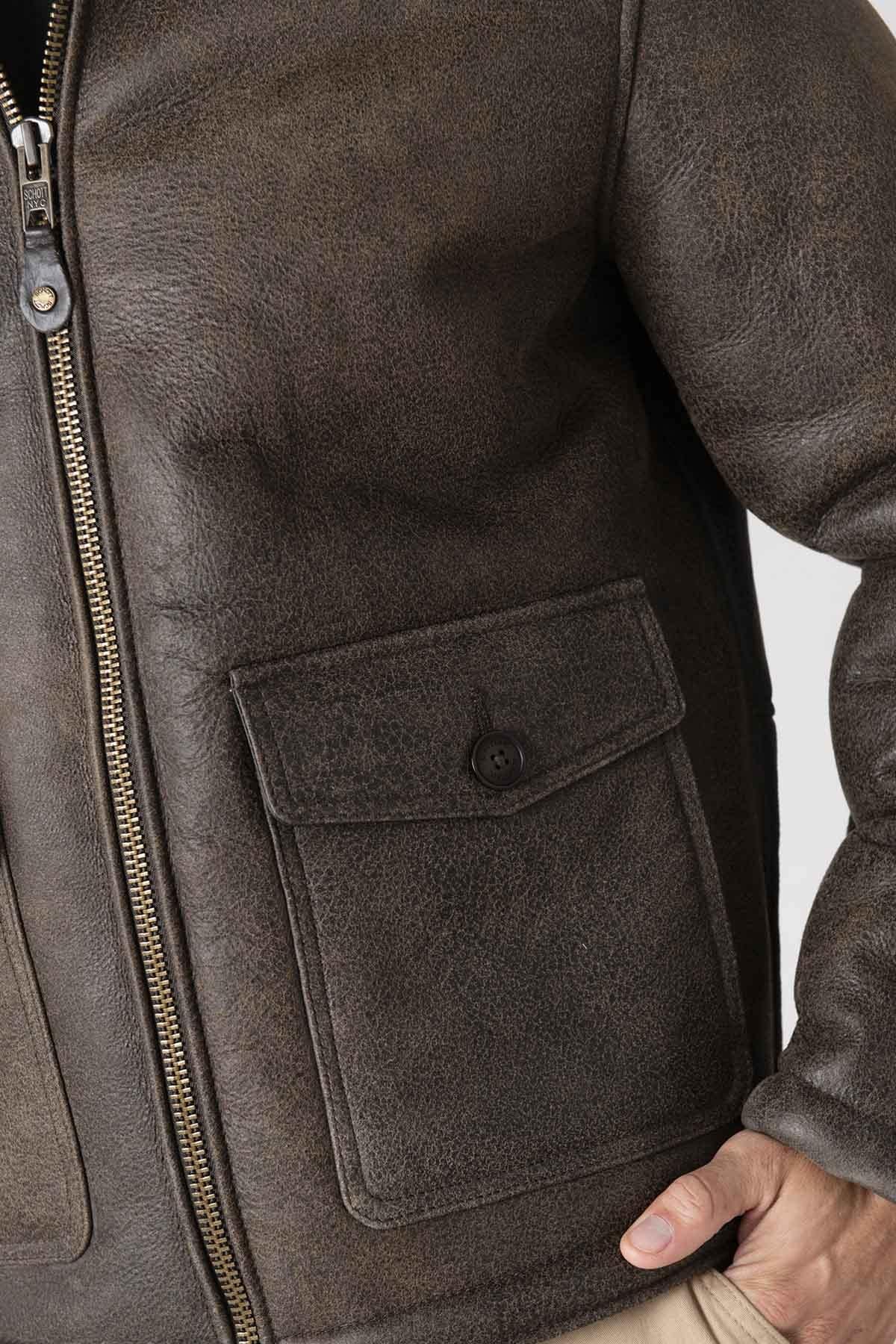 Brown leather aviator bomber for men - Image n°5