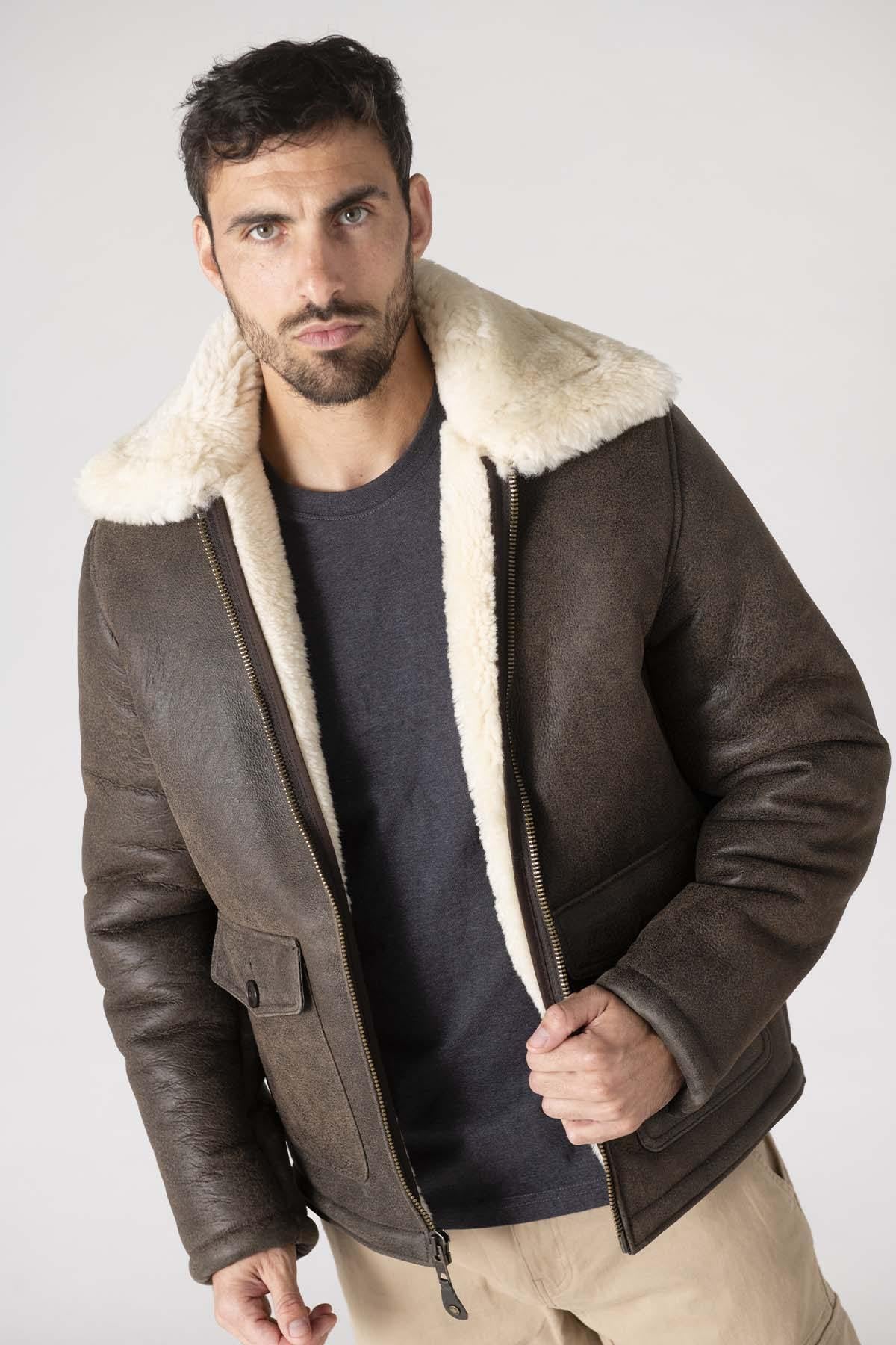 Brown leather aviator bomber for men - Image n°8