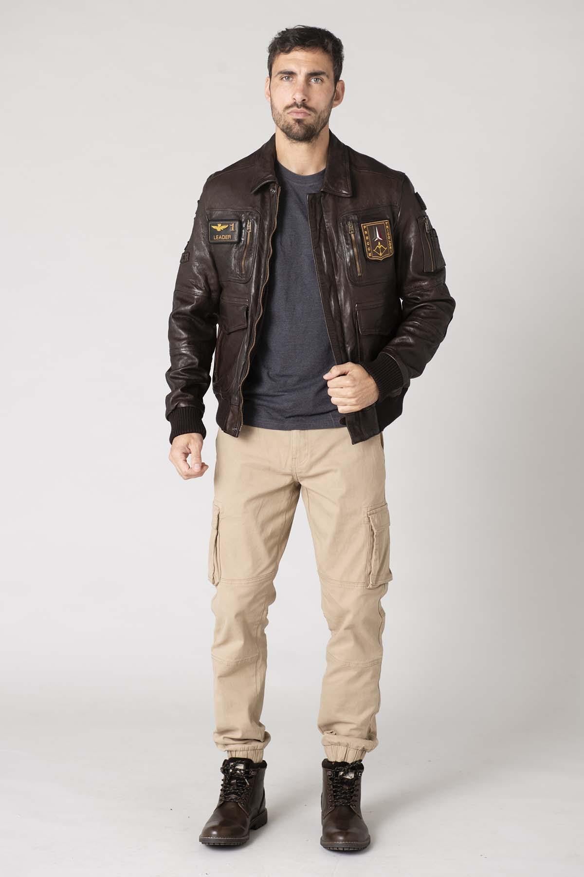 Leather bomber jacket with patches - Image n°2