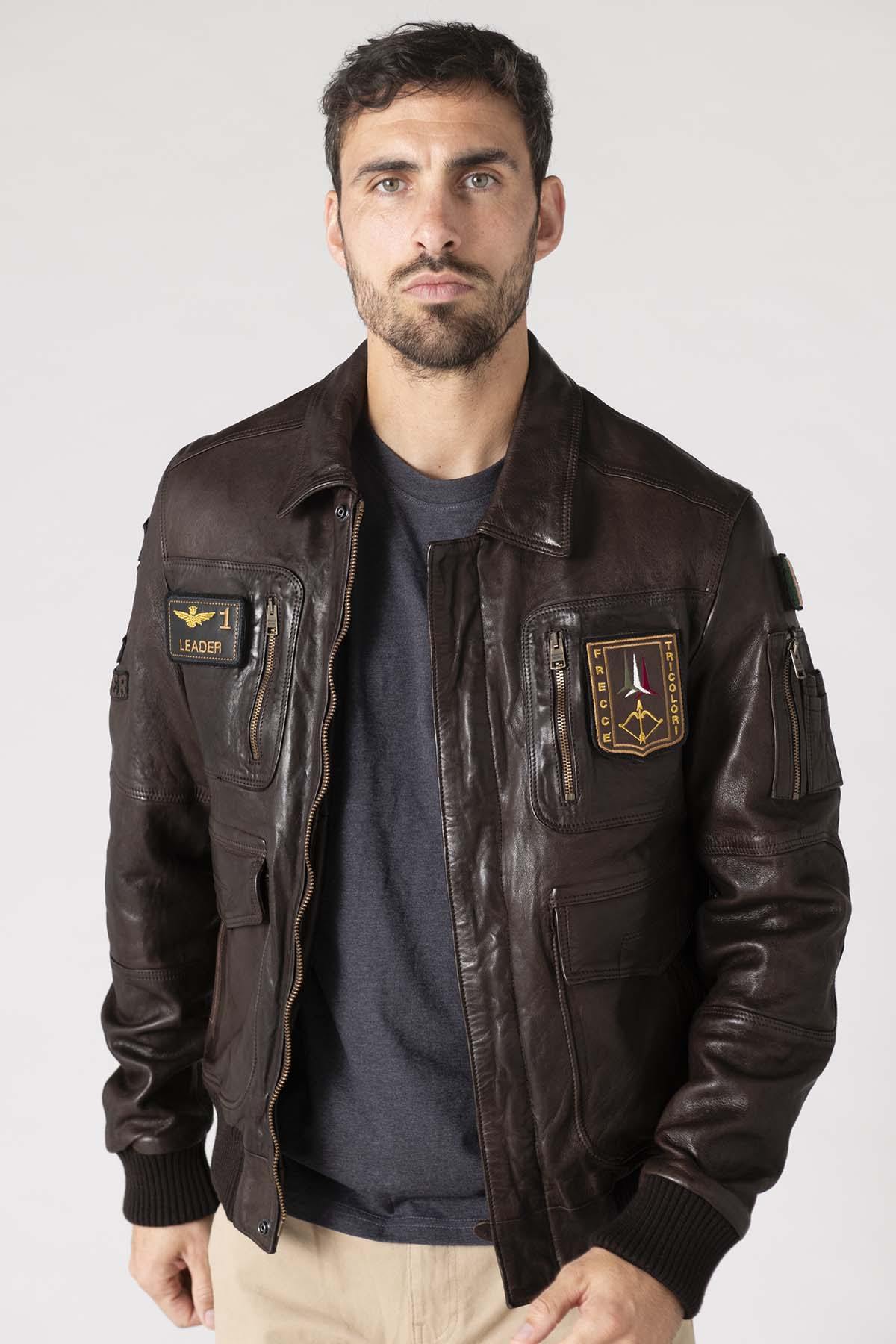 Leather bomber jacket with patches - Image n°1