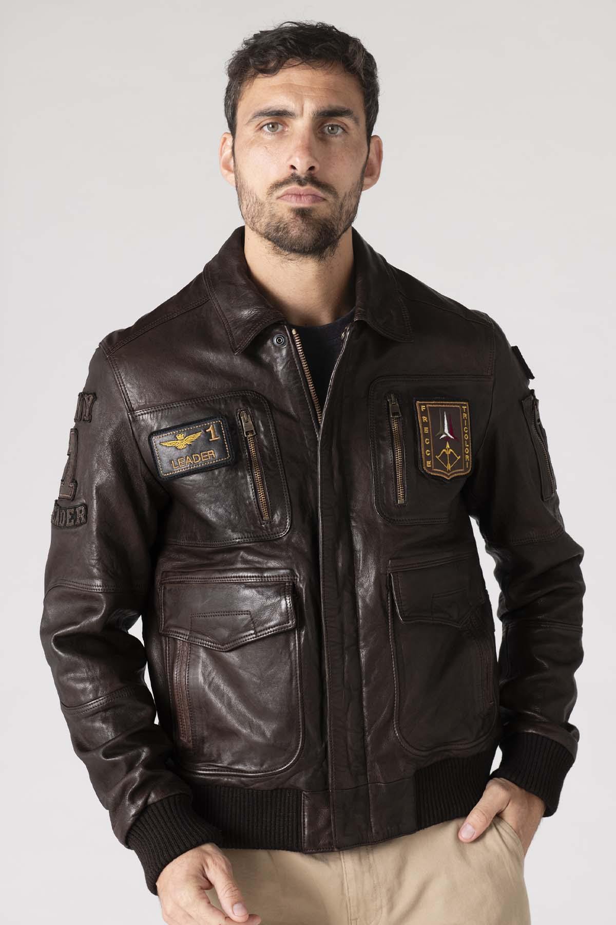 Leather bomber jacket with patches - Image n°7