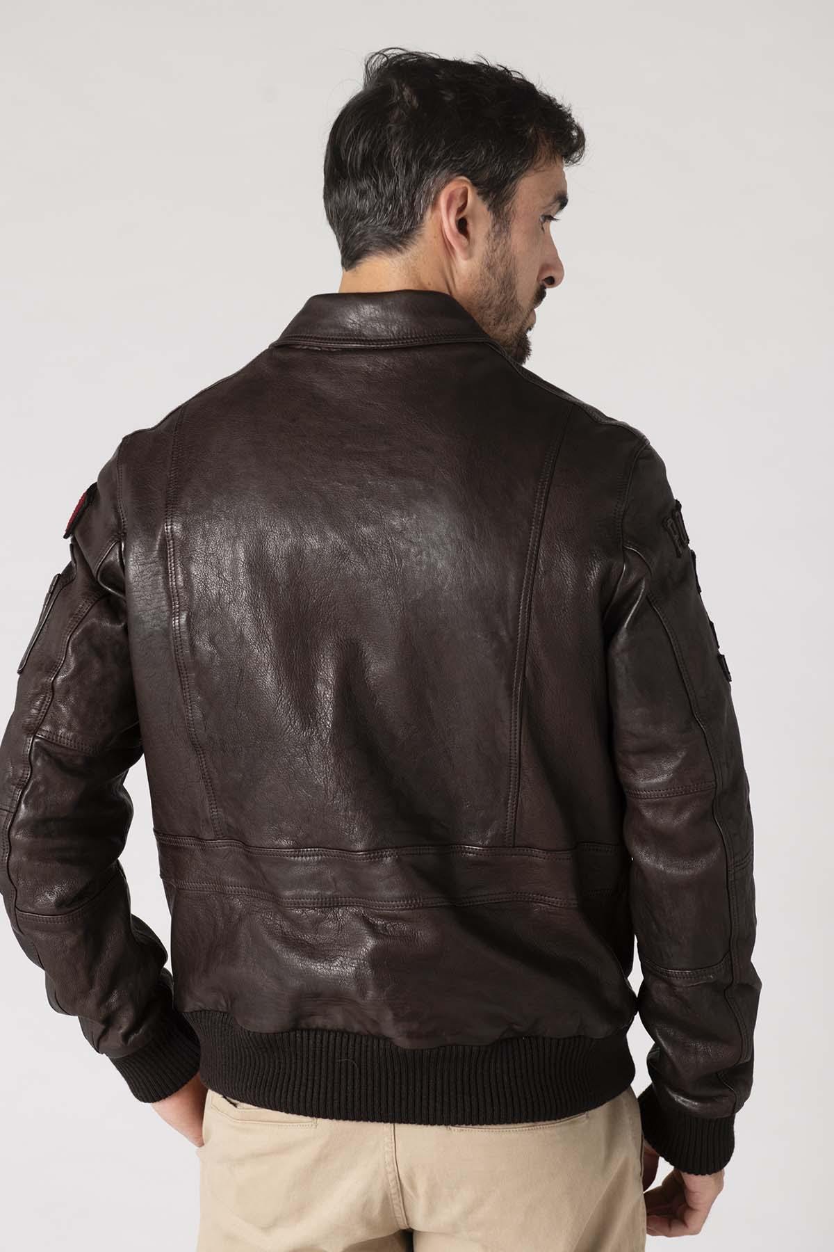 Leather bomber jacket with patches - Image n°5