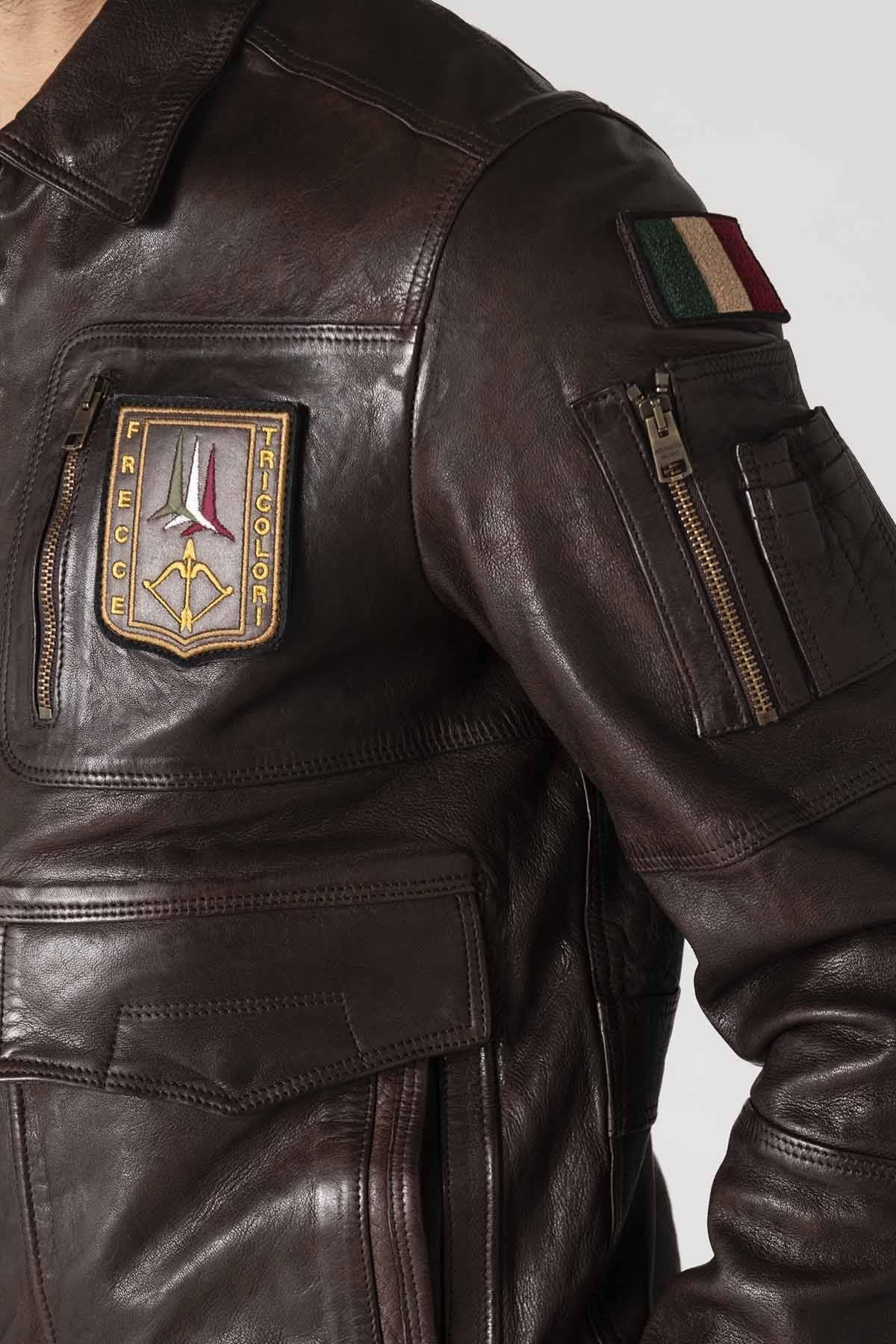 Leather bomber jacket with patches - Image n°4