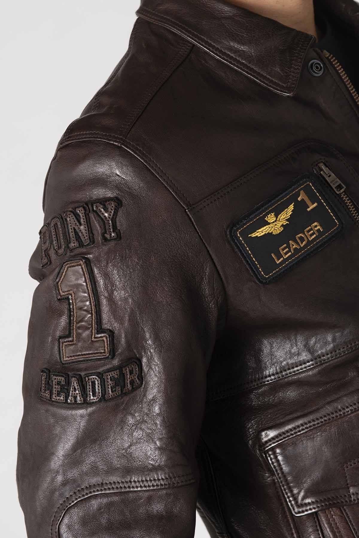 Leather bomber jacket with patches - Image n°3