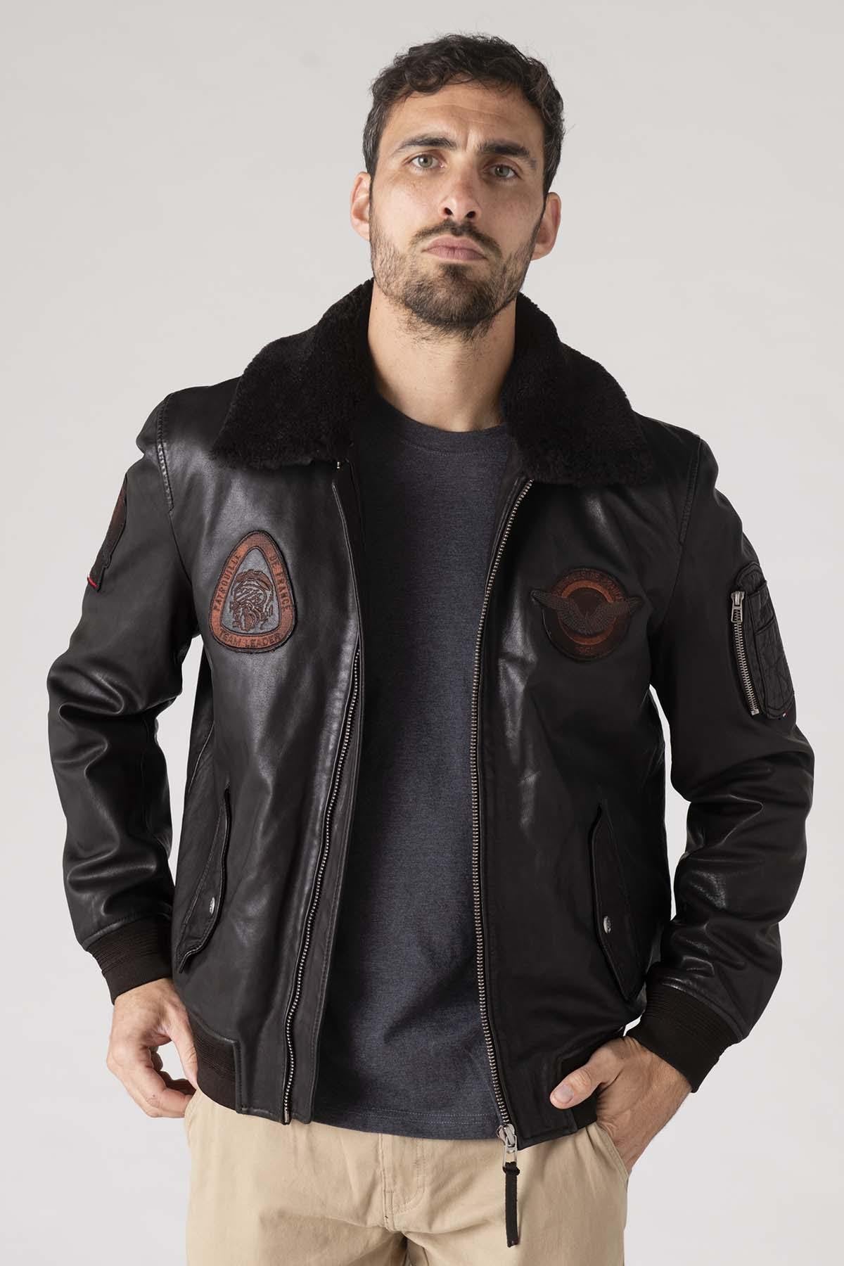 Men's dark brown leather bomber jacket - Image n°3