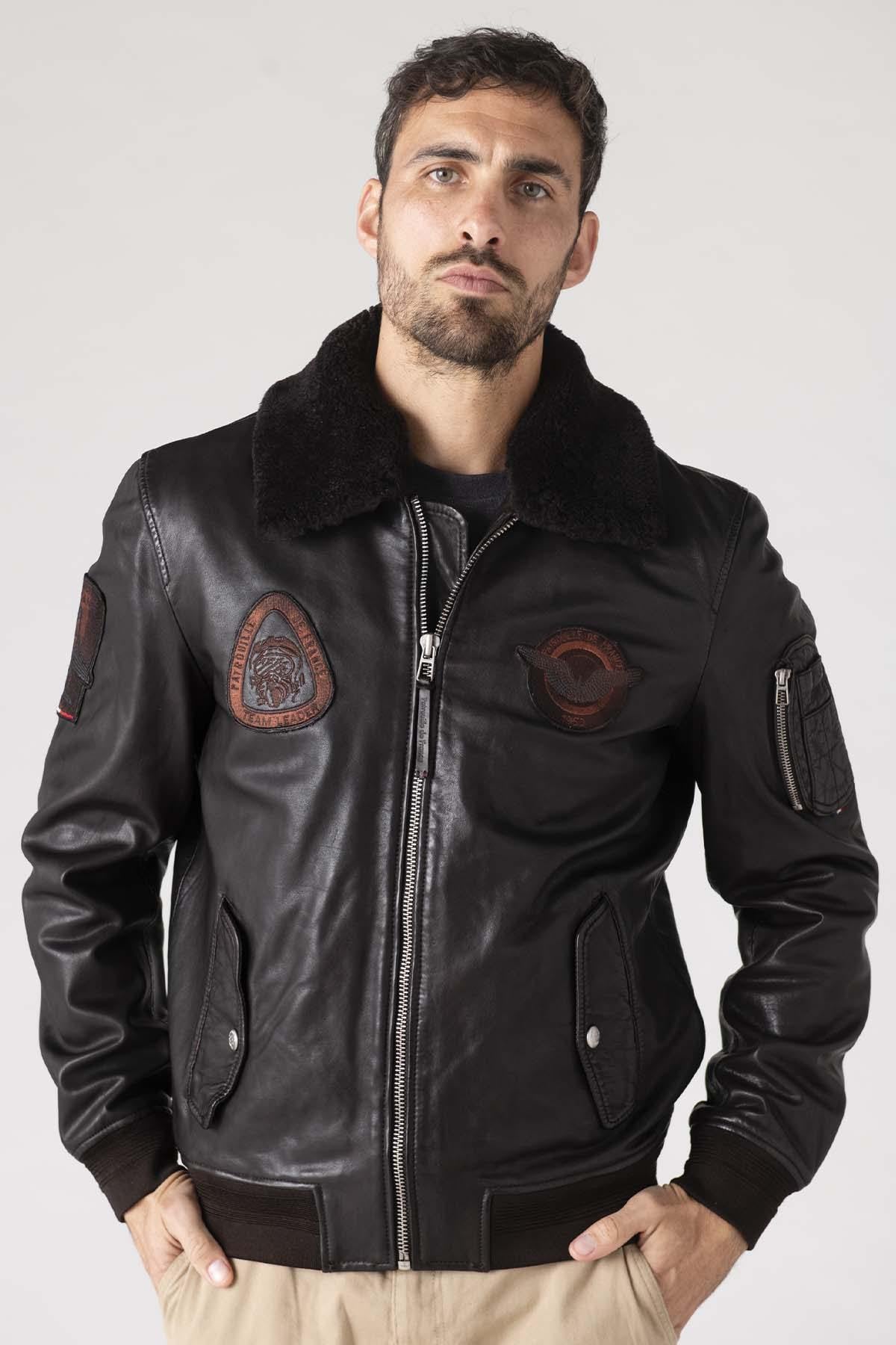 Men's dark brown leather bomber jacket - Image n°8