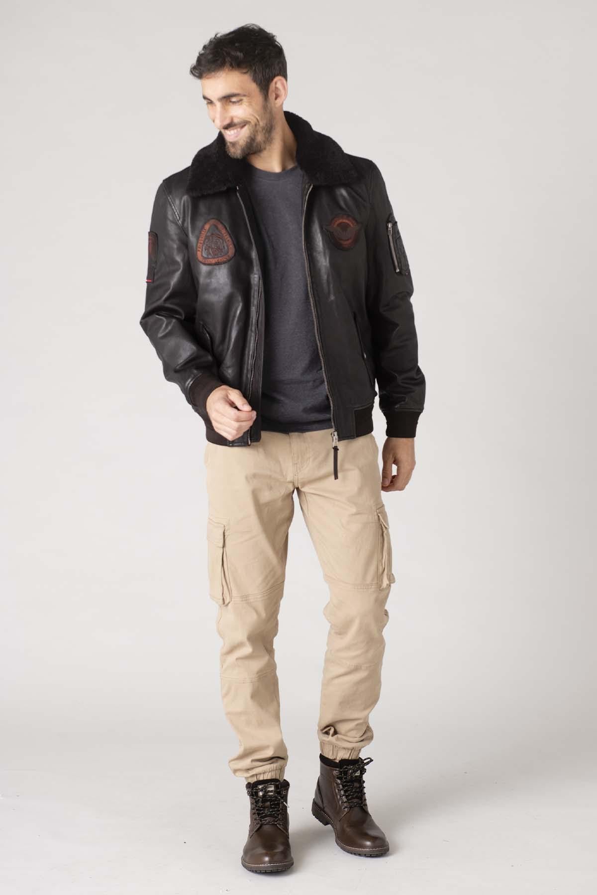 Men's dark brown leather bomber jacket - Image n°4