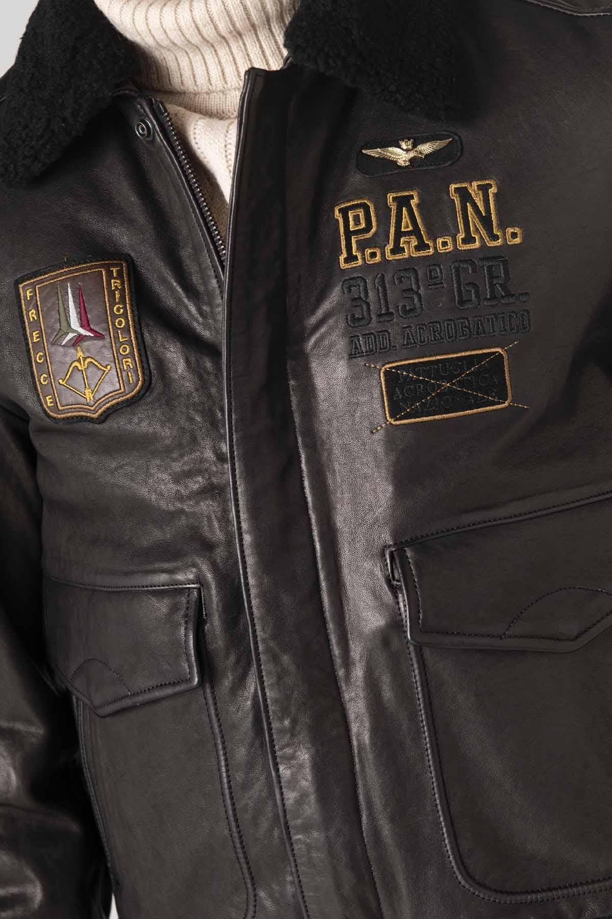 Aviation embroidered leather bomber jacket - Image n°8