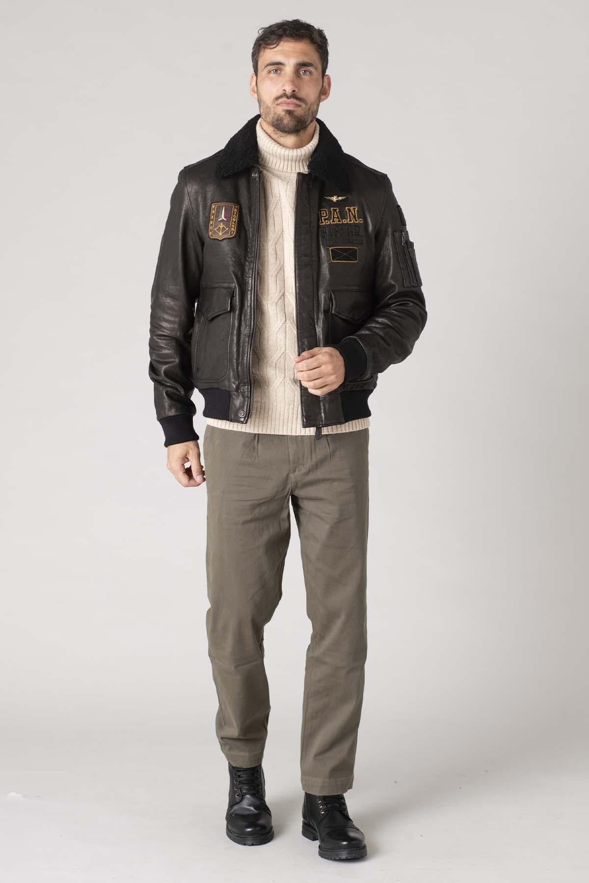 Aviation embroidered leather bomber jacket - Image n°7