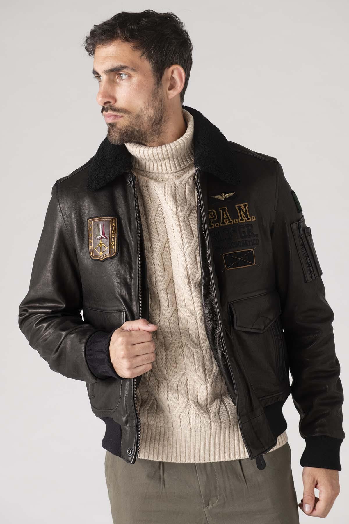 Aviation embroidered leather bomber jacket - Image n°9