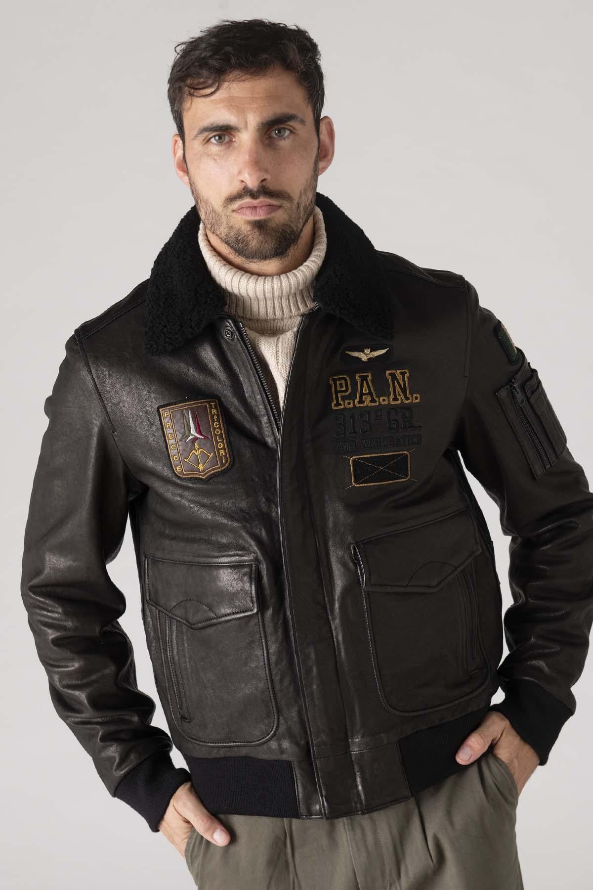 Aviation embroidered leather bomber jacket - Image n°5