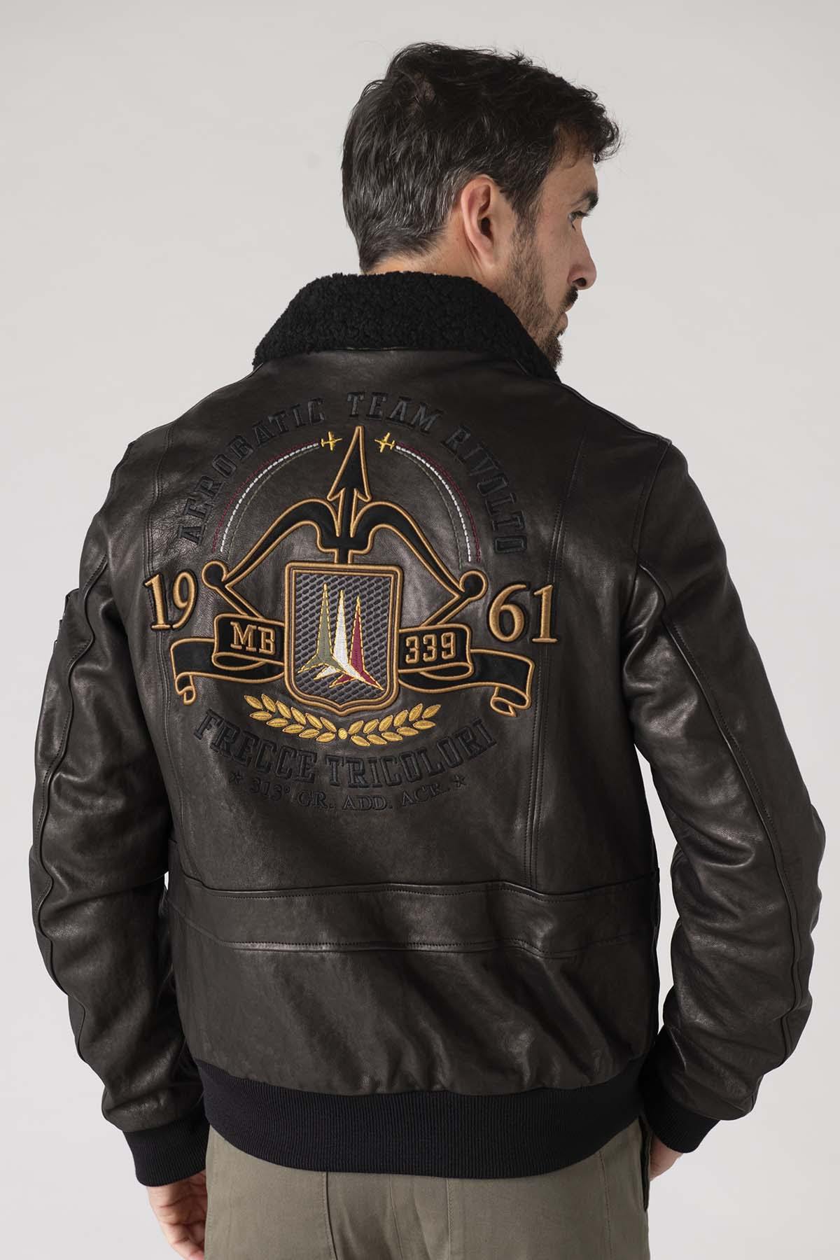 Aviation embroidered leather bomber jacket - Image n°6