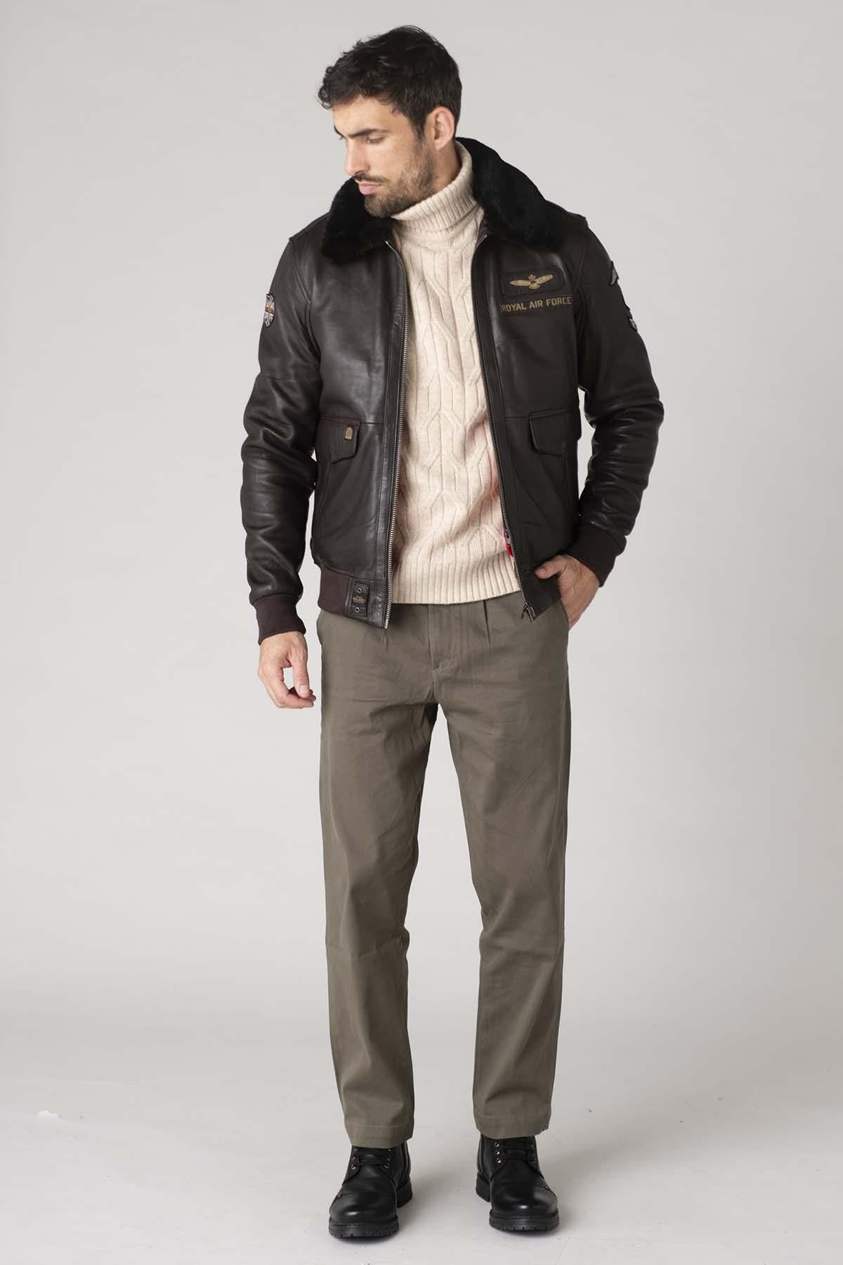 Men's dark brown leather bomber jacket - Image n°5