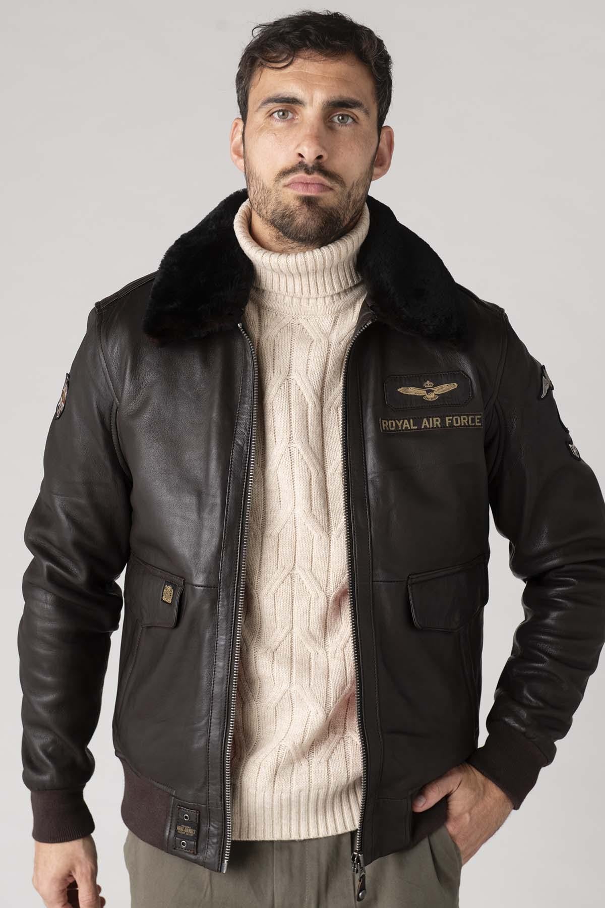 Men's dark brown leather bomber jacket - Image n°7