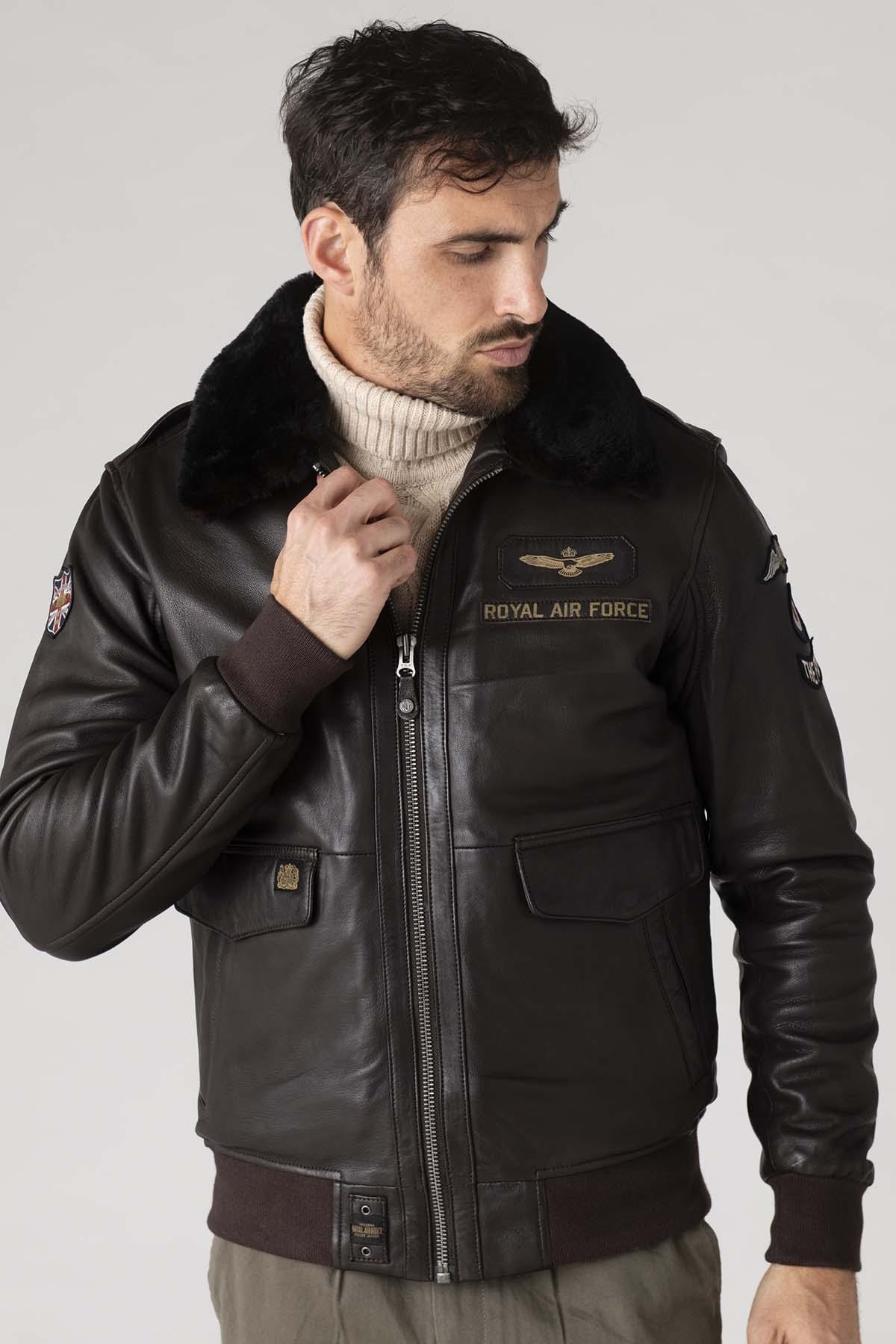 Men's dark brown leather bomber jacket - Image n°3