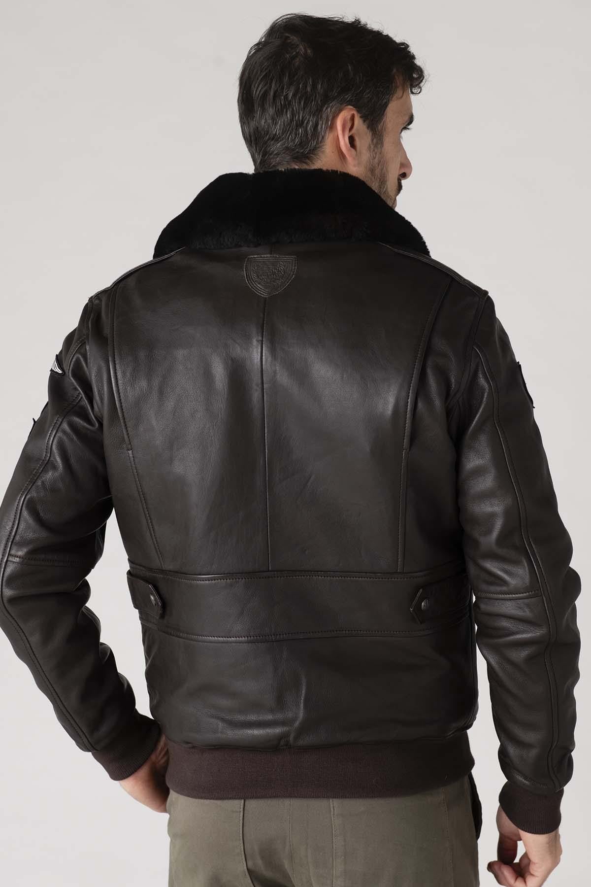 Men's dark brown leather bomber jacket - Image n°9