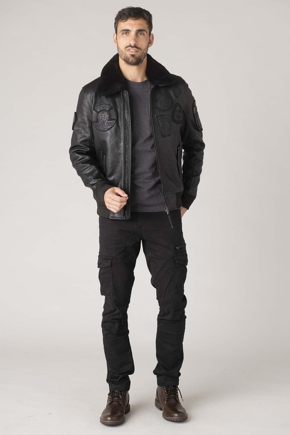 Men's black leather bomber jacket with black patches - Image n°5