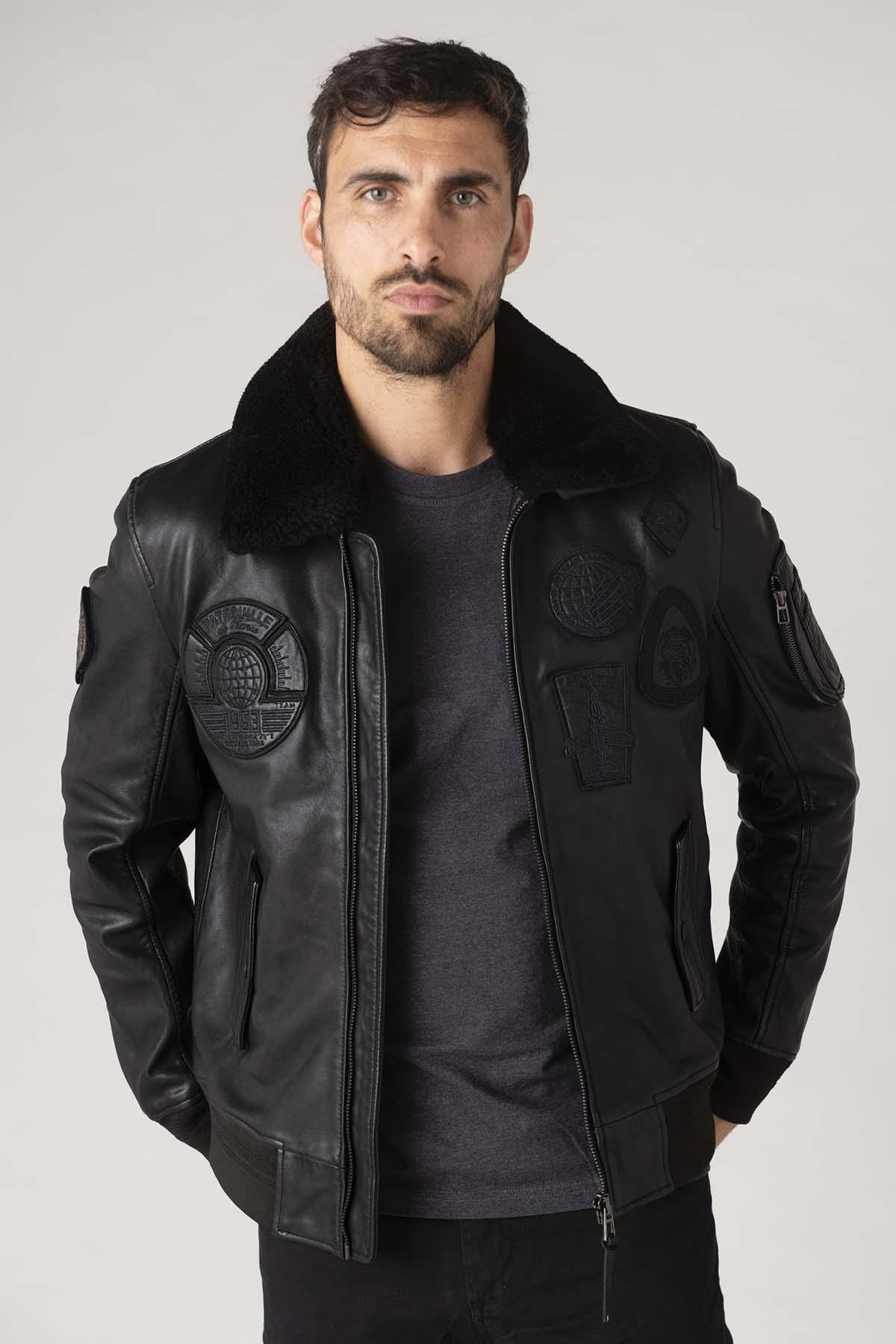 Men's black leather bomber jacket with black patches - Image n°1