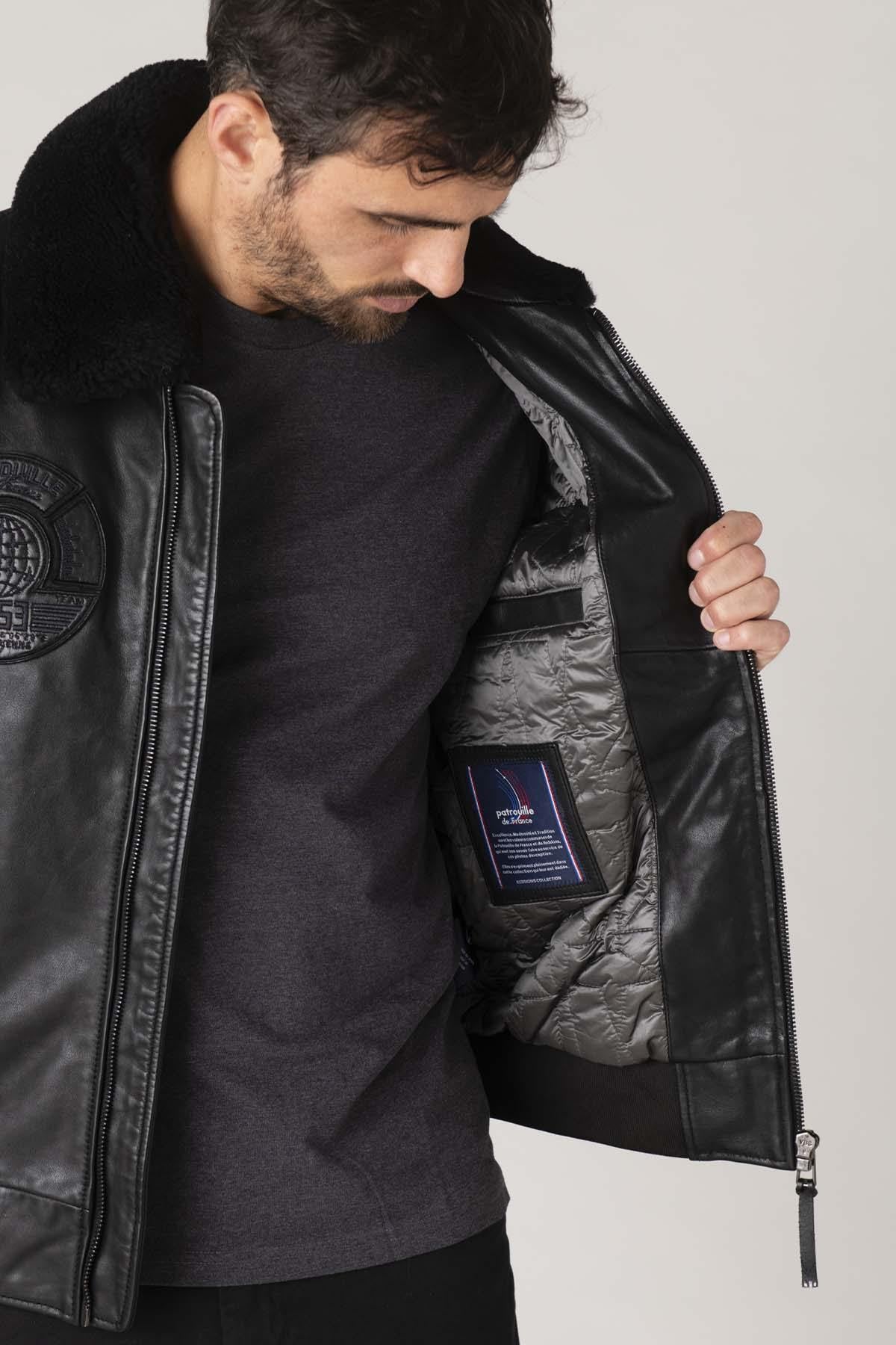 Men's black leather bomber jacket with black patches - Image n°3