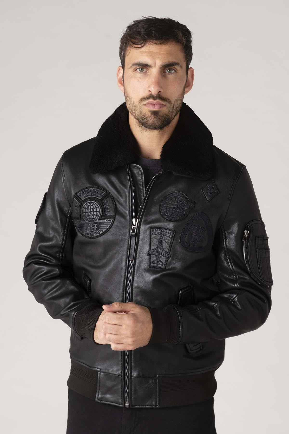 Men's black leather bomber jacket with black patches - Image n°4