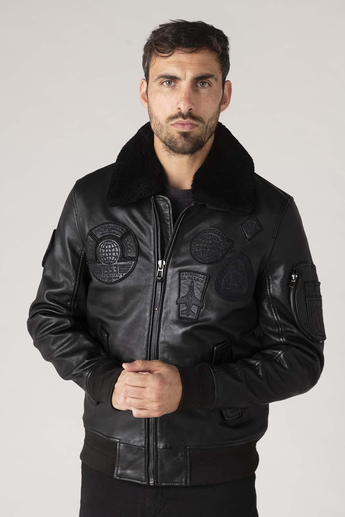 Men's black leather bomber jacket with black patches - Image n°7