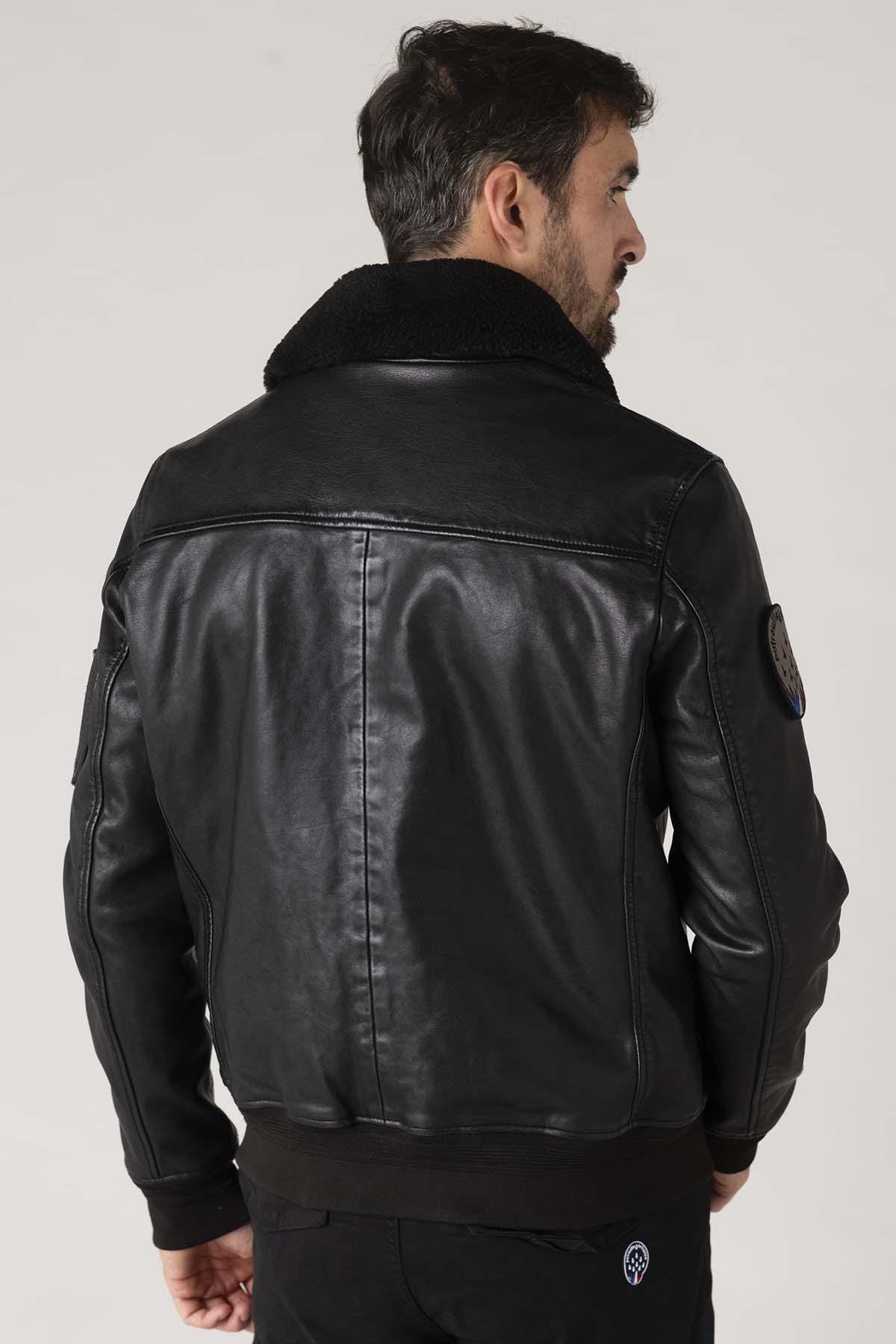 Men's black leather bomber jacket with black patches - Image n°8