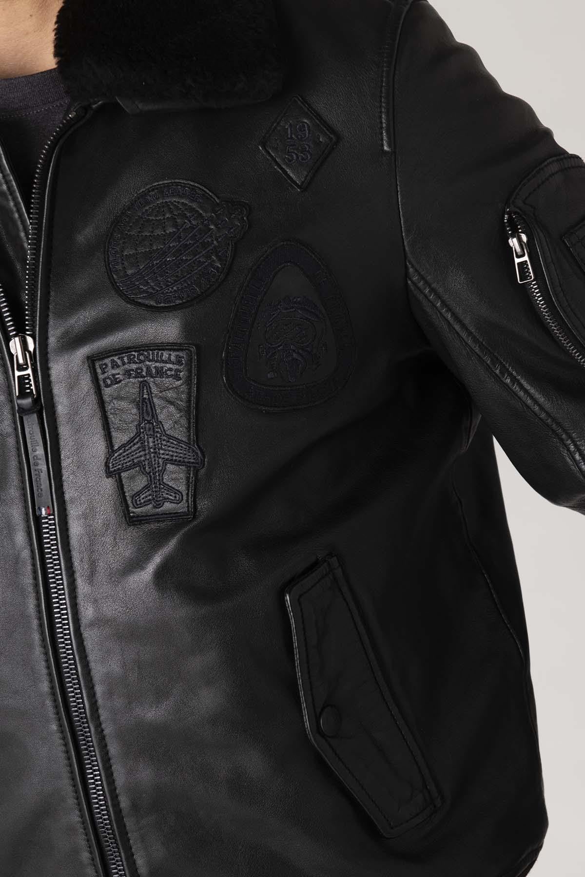 Men's black leather bomber jacket with black patches - Image n°6