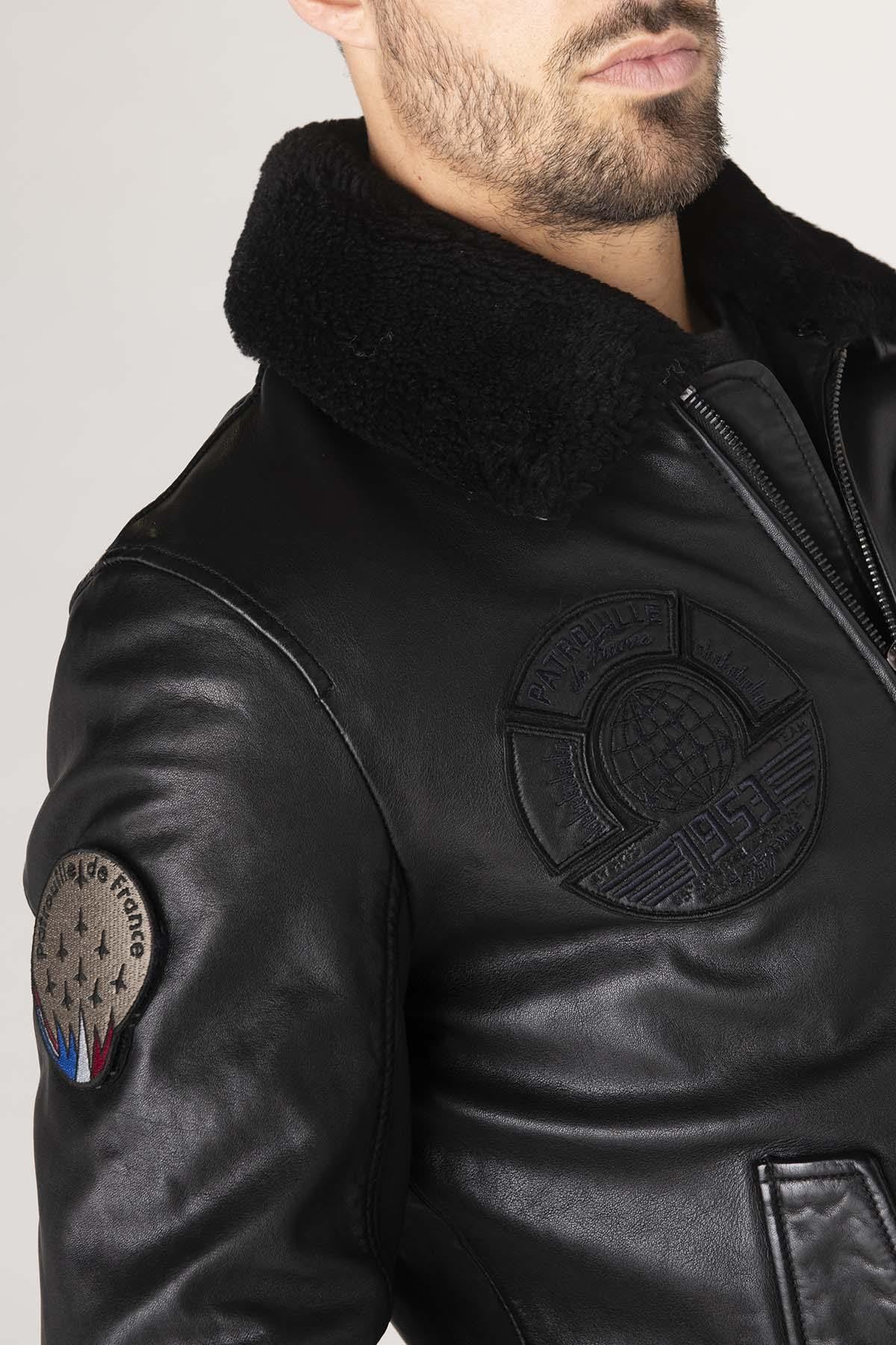 Men's black leather bomber jacket with black patches - Image n°7