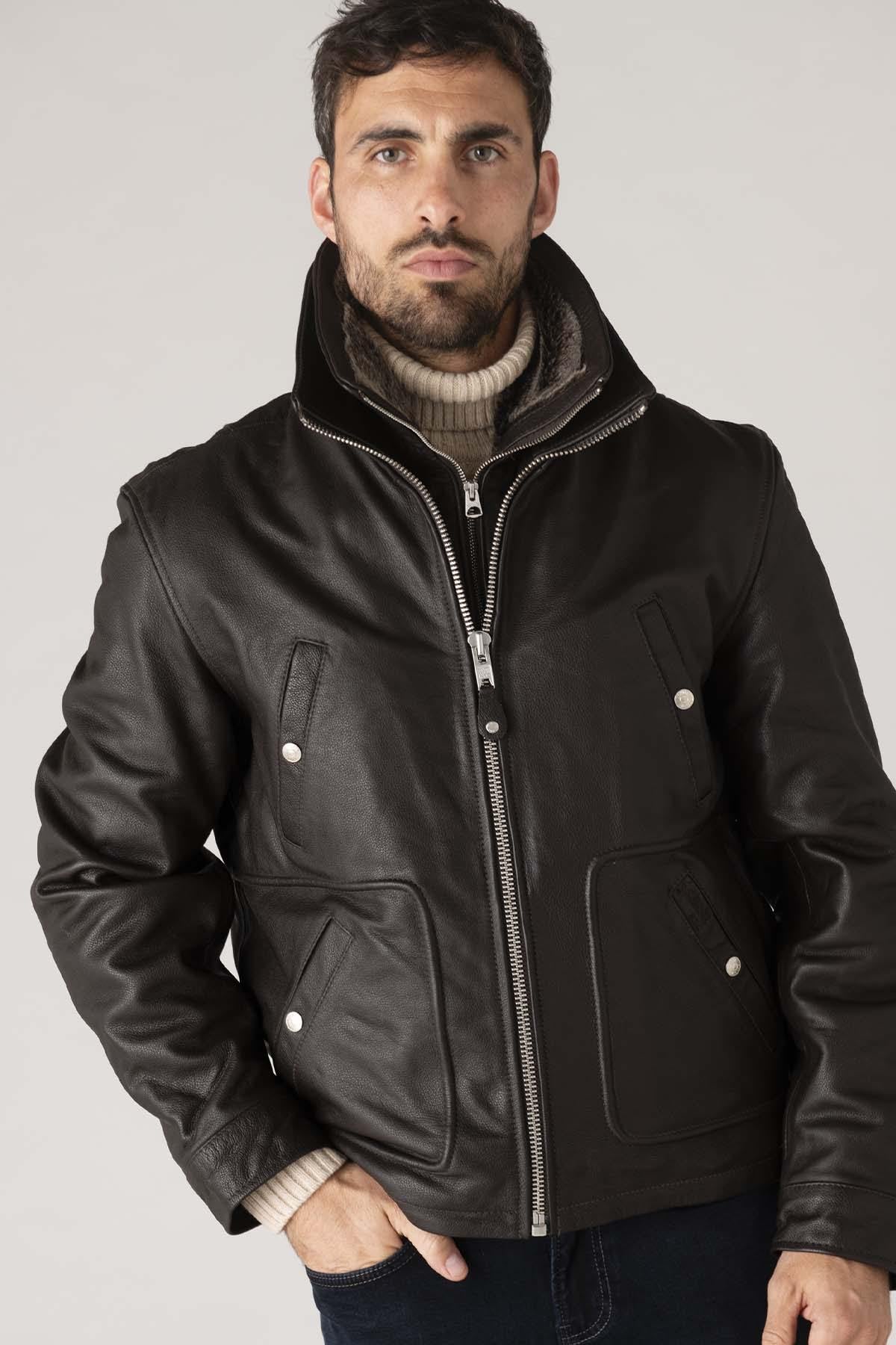 Brown leather jacket with removable bib for men - Image n°6