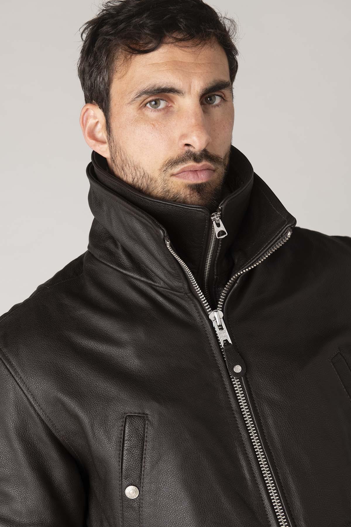 Brown leather jacket with removable bib for men - Image n°2