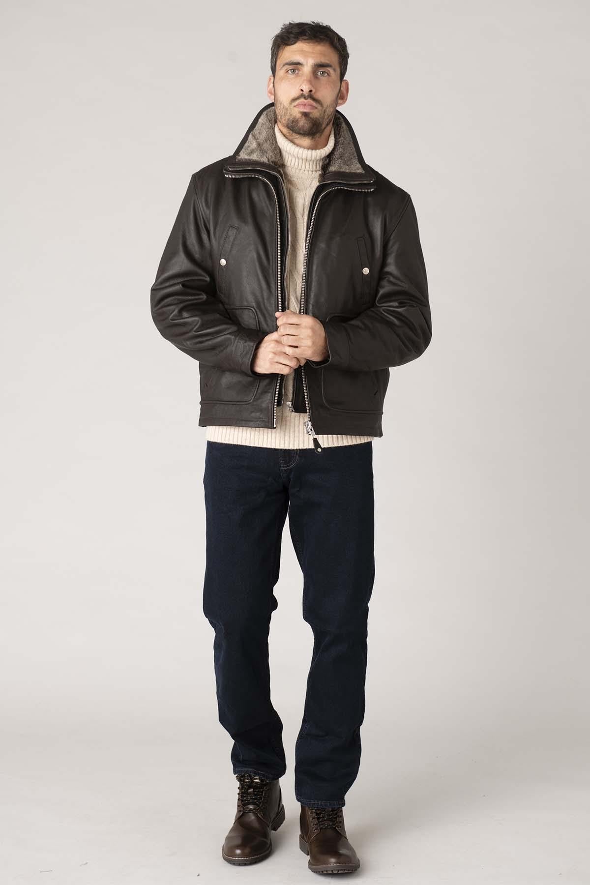 Brown leather jacket with removable bib for men - Image n°4