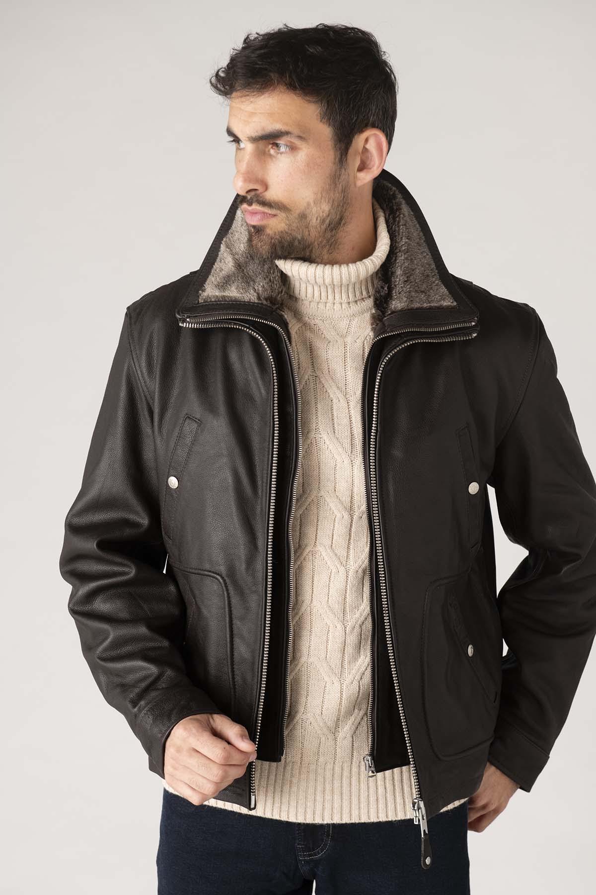 Brown leather jacket with removable bib for men - Image n°1