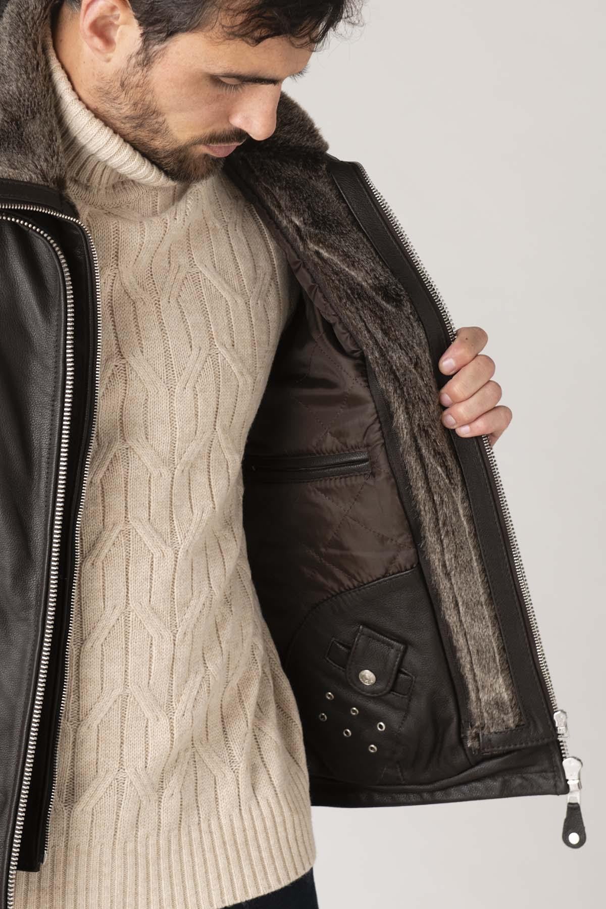 Brown leather jacket with removable bib for men - Image n°3