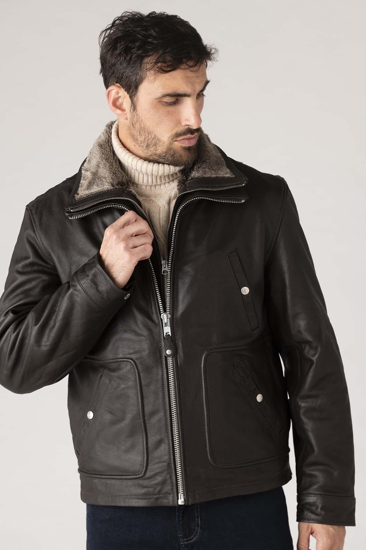 Brown leather jacket with removable bib for men - Image n°5