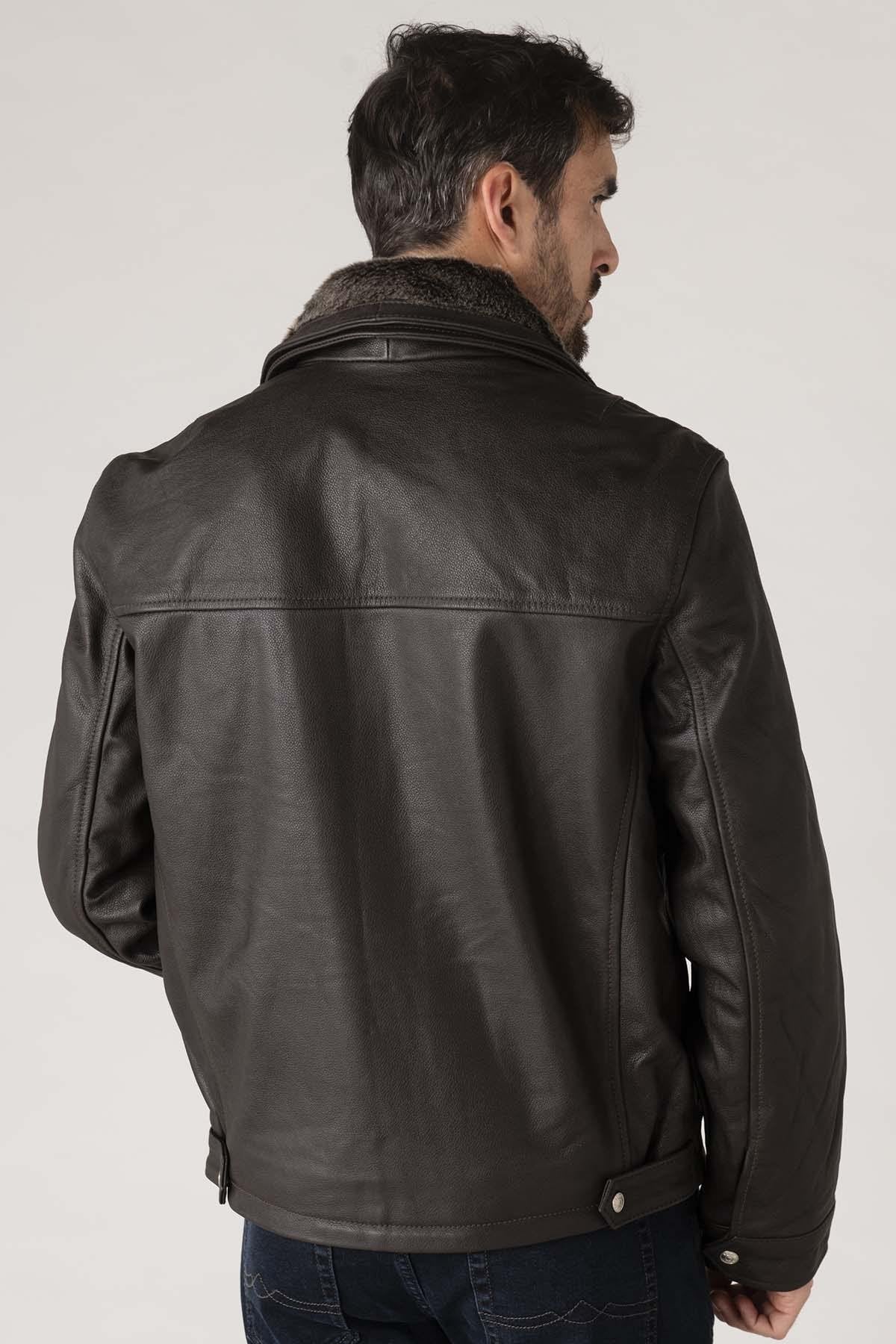 Brown leather jacket with removable bib for men - Image n°7