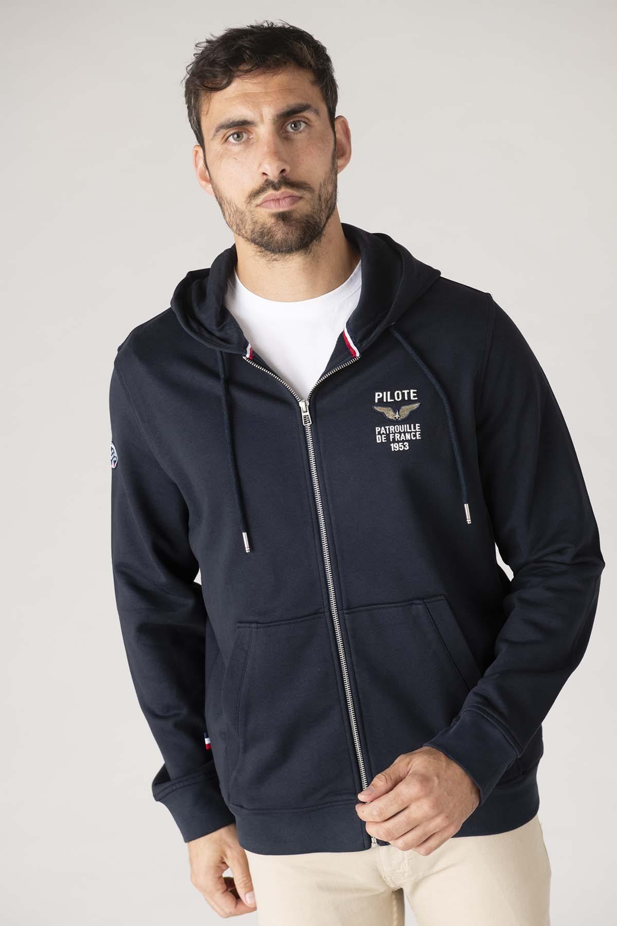 Navy blue cotton hooded sweatshirt with zipper - Image n°3