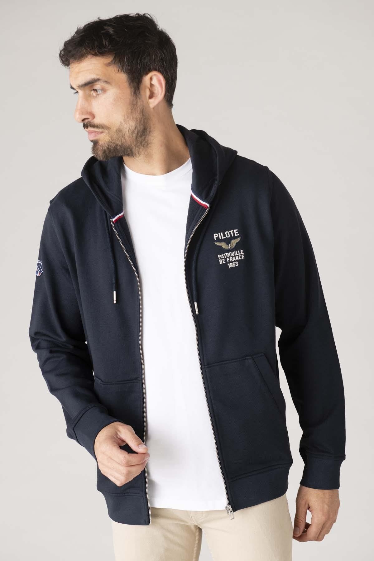 Navy blue cotton hooded sweatshirt with zipper - Image n°1