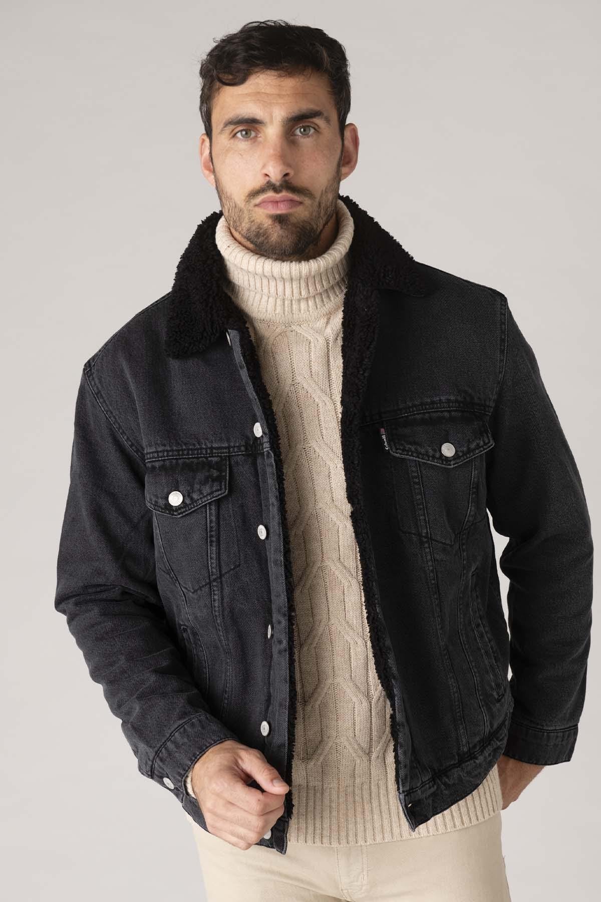 Gray denim jacket with fur collar for men - Image n°1