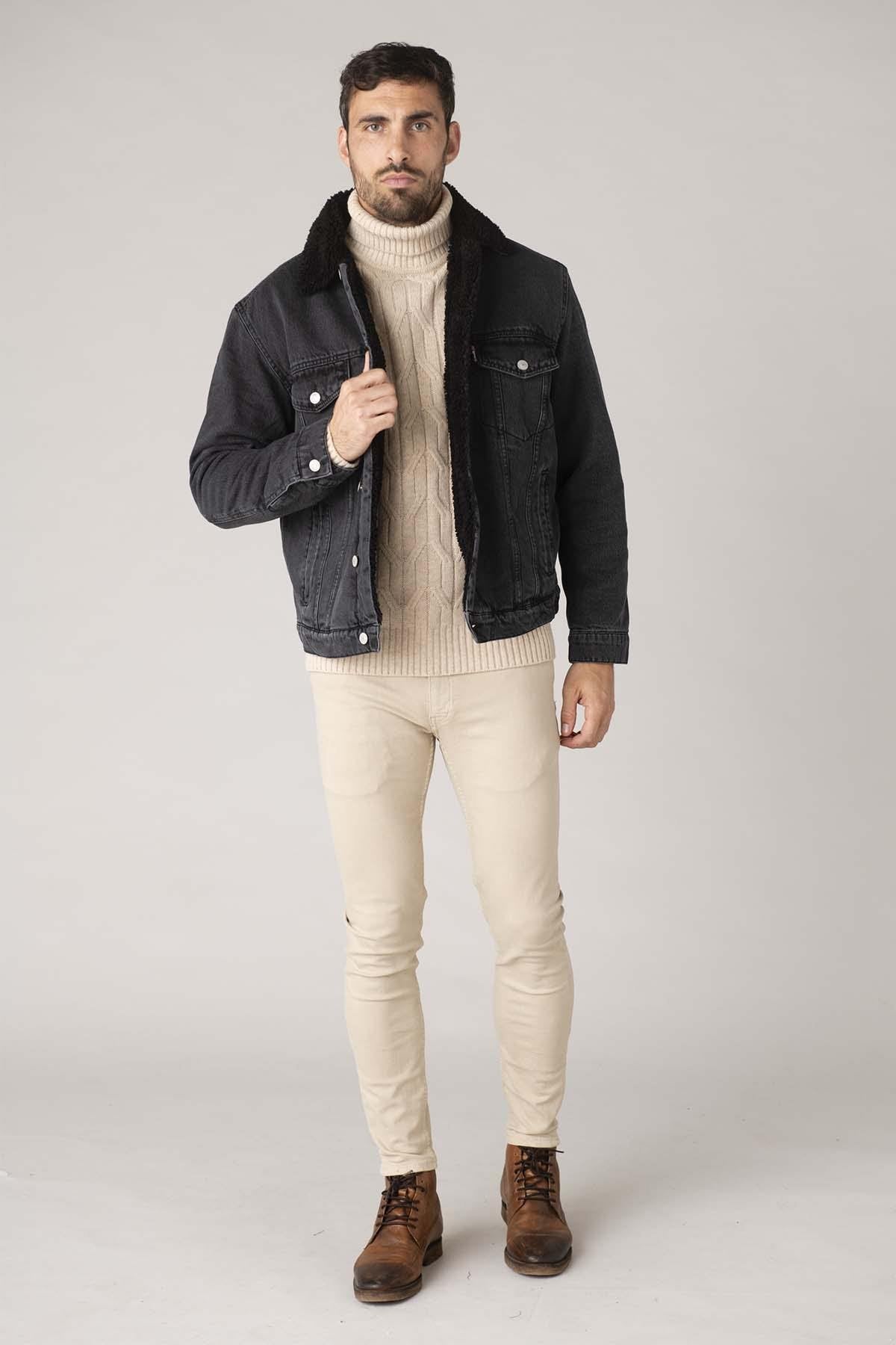 Gray denim jacket with fur collar for men - Image n°2