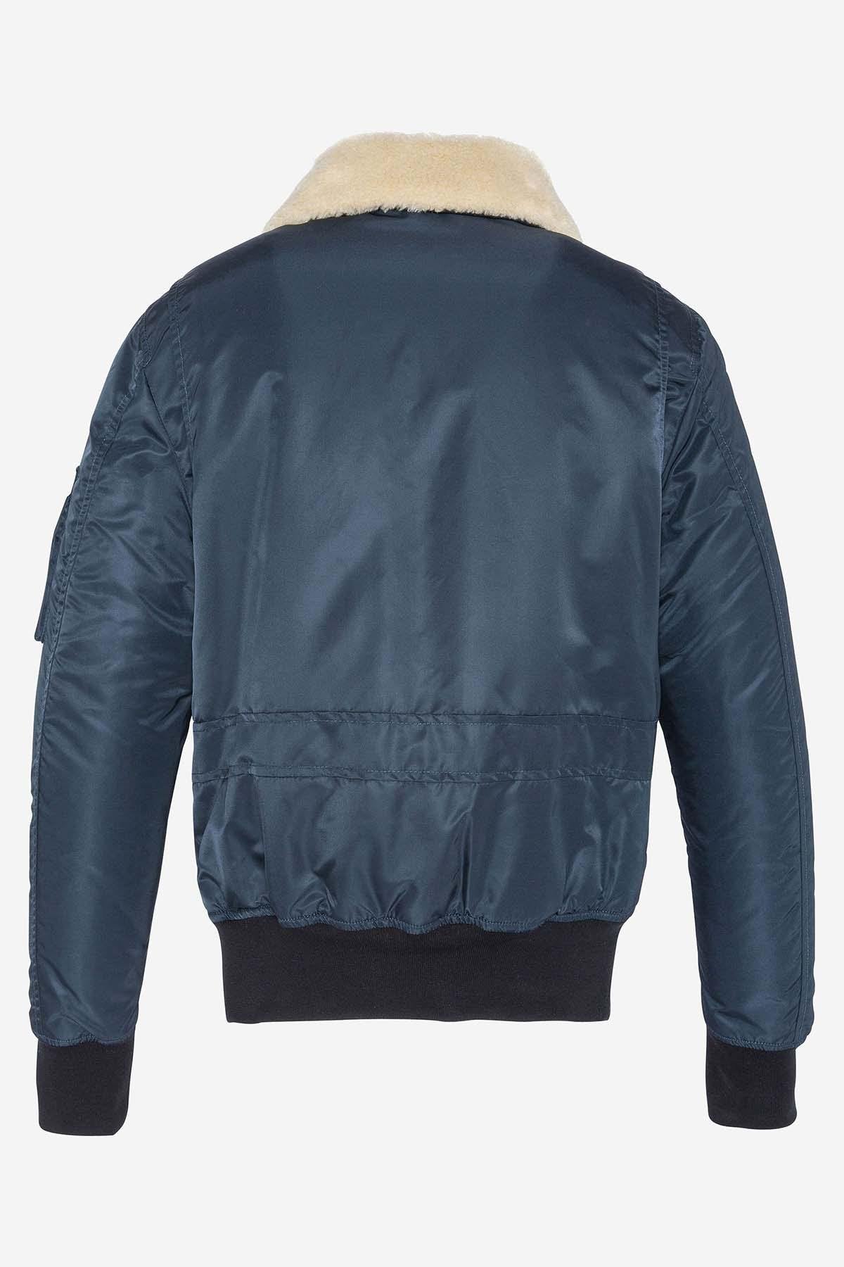 Navy blue bomber jacket with removable fur collar - Image n°2