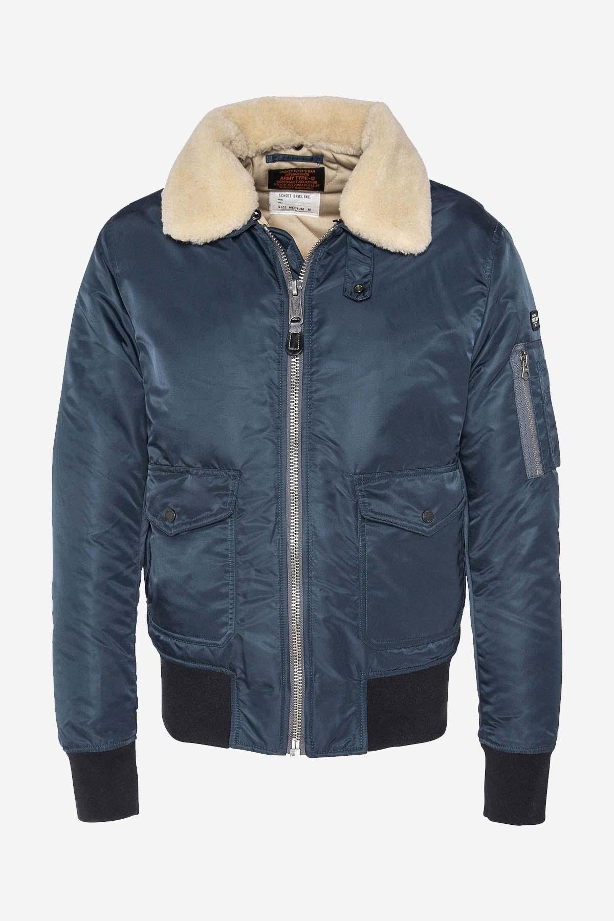 Navy blue bomber jacket with removable fur collar - Image n°1