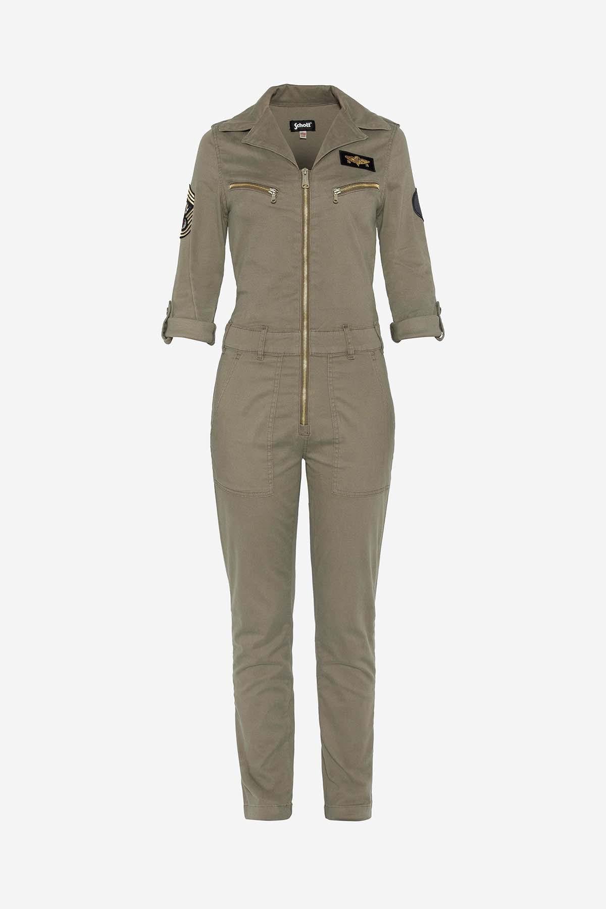 Women's light khaki military style jumpsuit - Image n°1