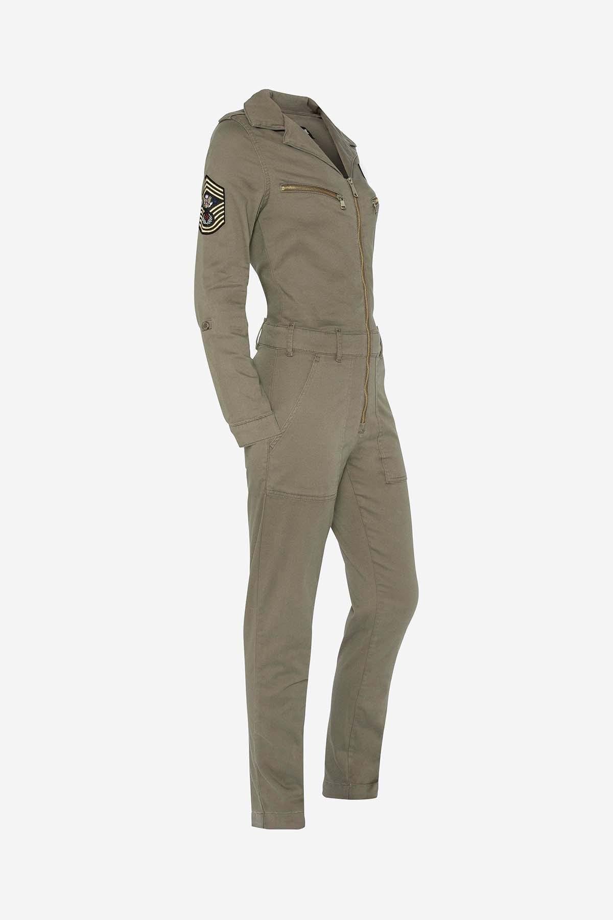 Women's light khaki military style jumpsuit - Image n°4