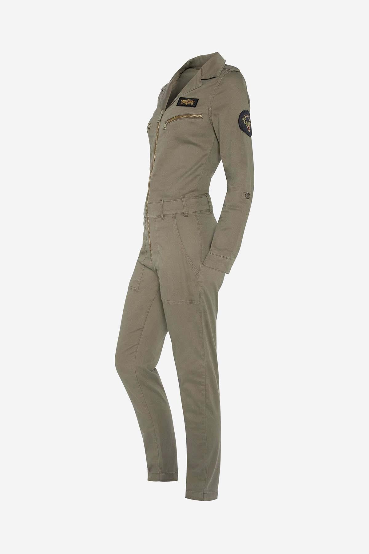 Women's light khaki military style jumpsuit - Image n°2