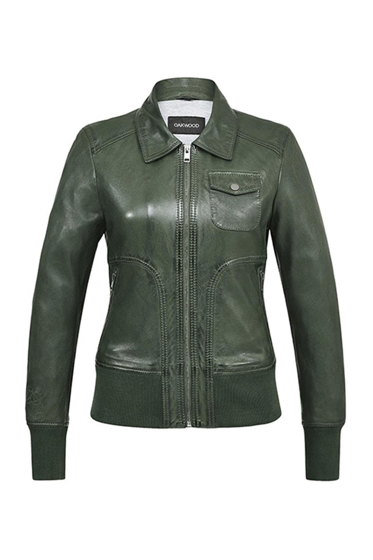 Women's dark green leather jacket with shirt collar - Image n°2