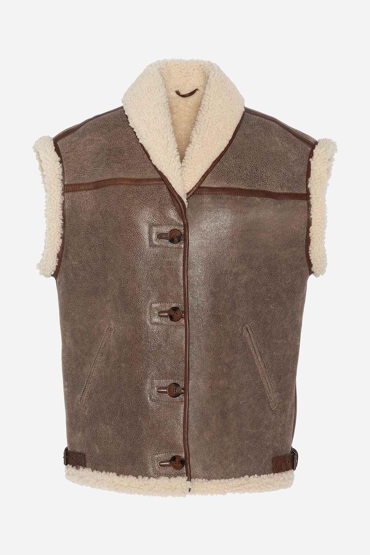 Light brown and off-white sleeveless bomber vest - Image n°6