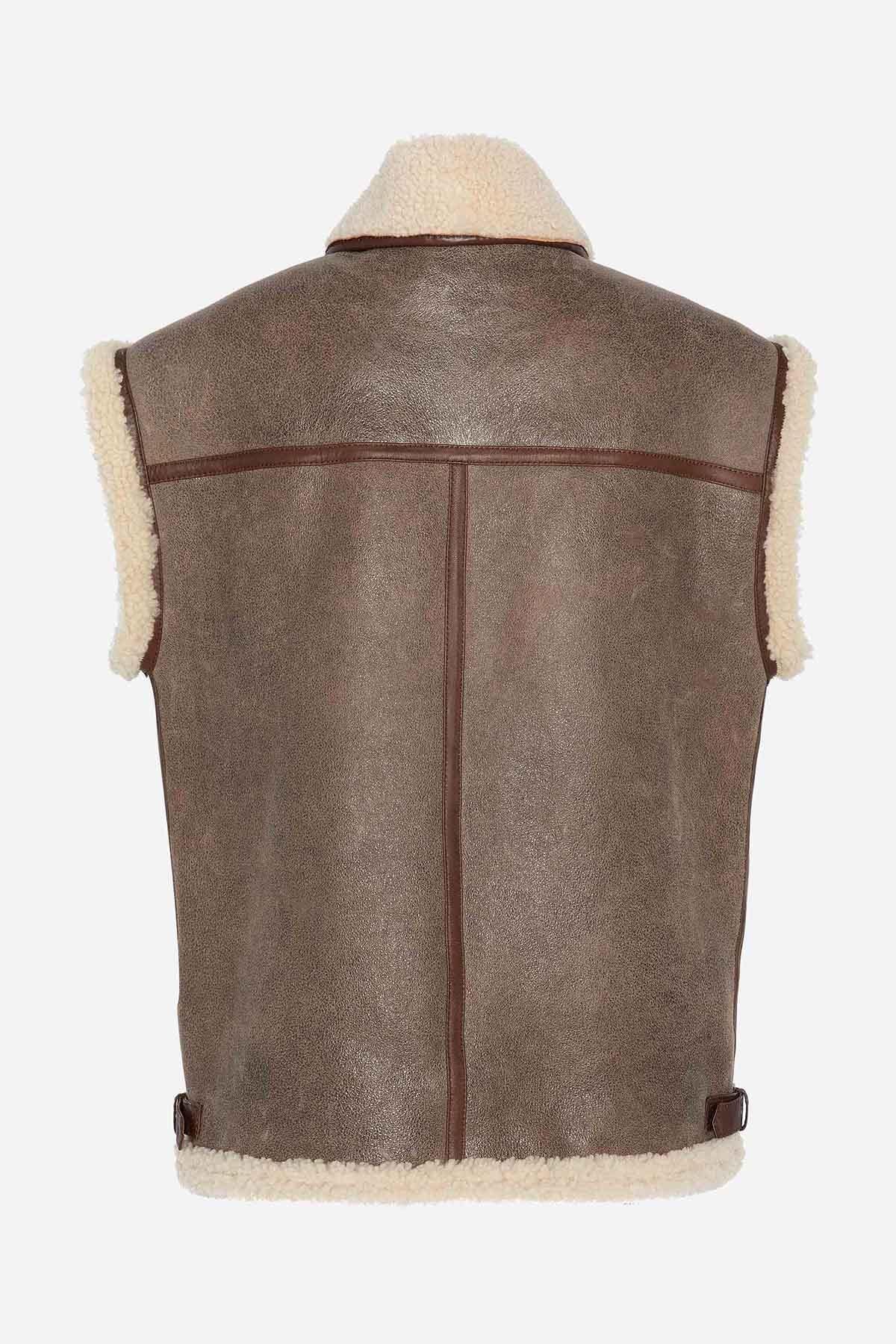 Light brown and off-white sleeveless bomber vest - Image n°7