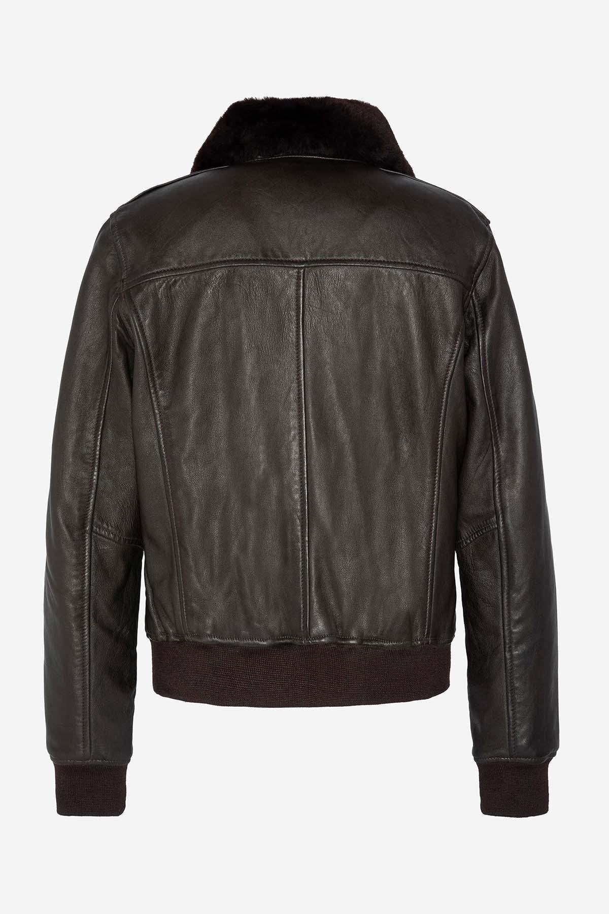 Leather bomber jacket with chest badge - Image n°6