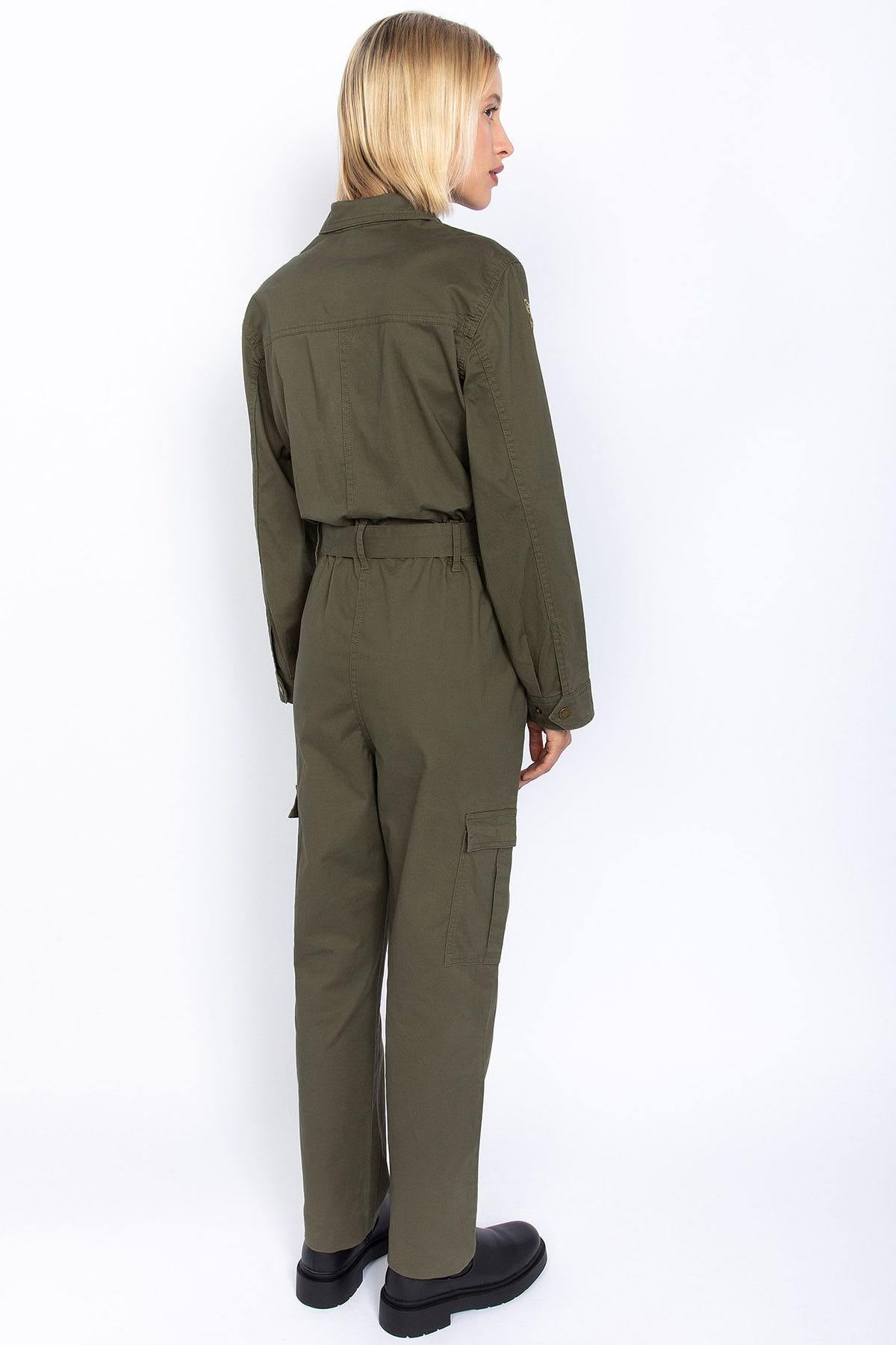 Khaki cotton military jumpsuit for women - Image n°3