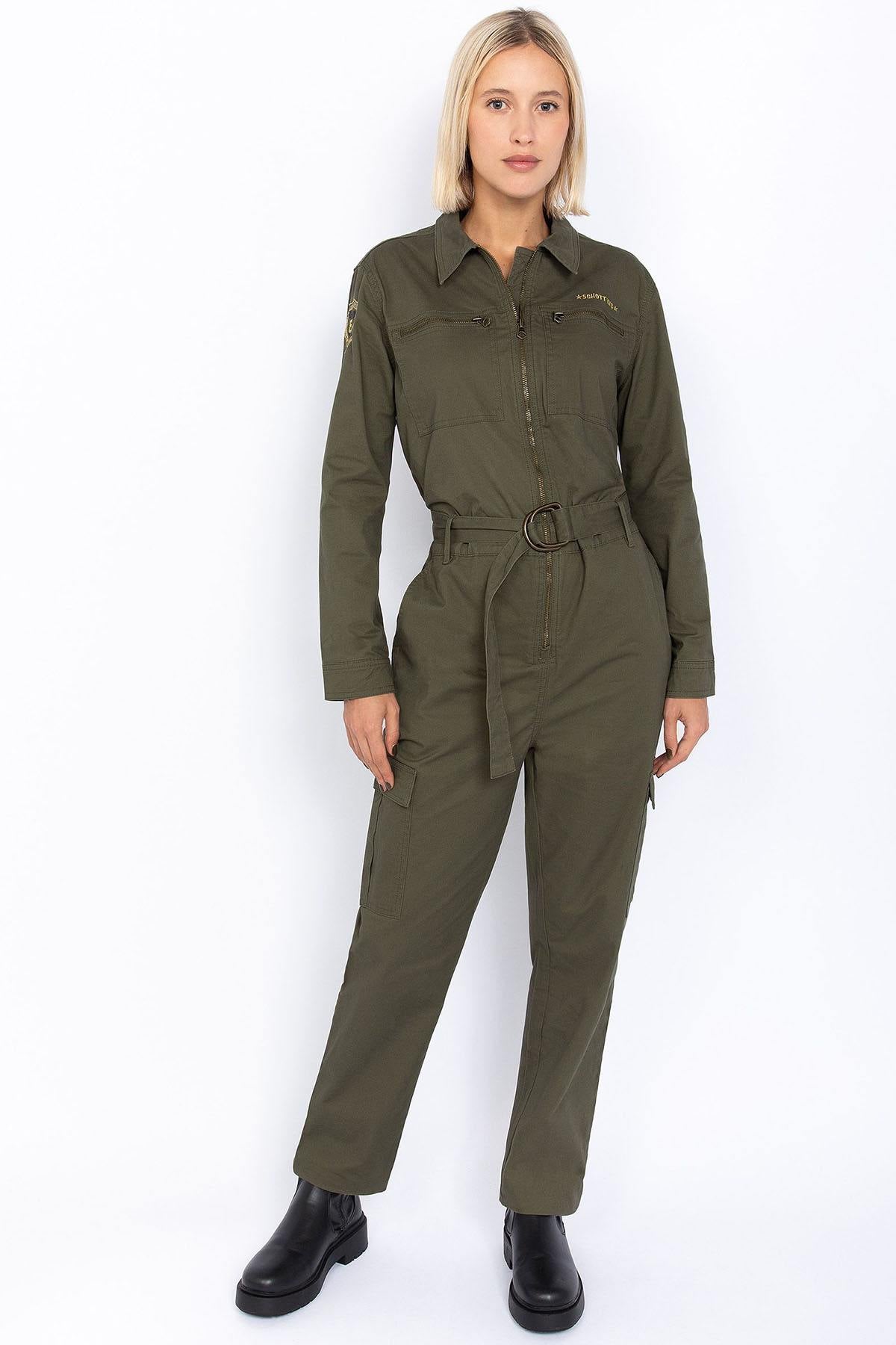 Khaki cotton military jumpsuit for women - Image n°1